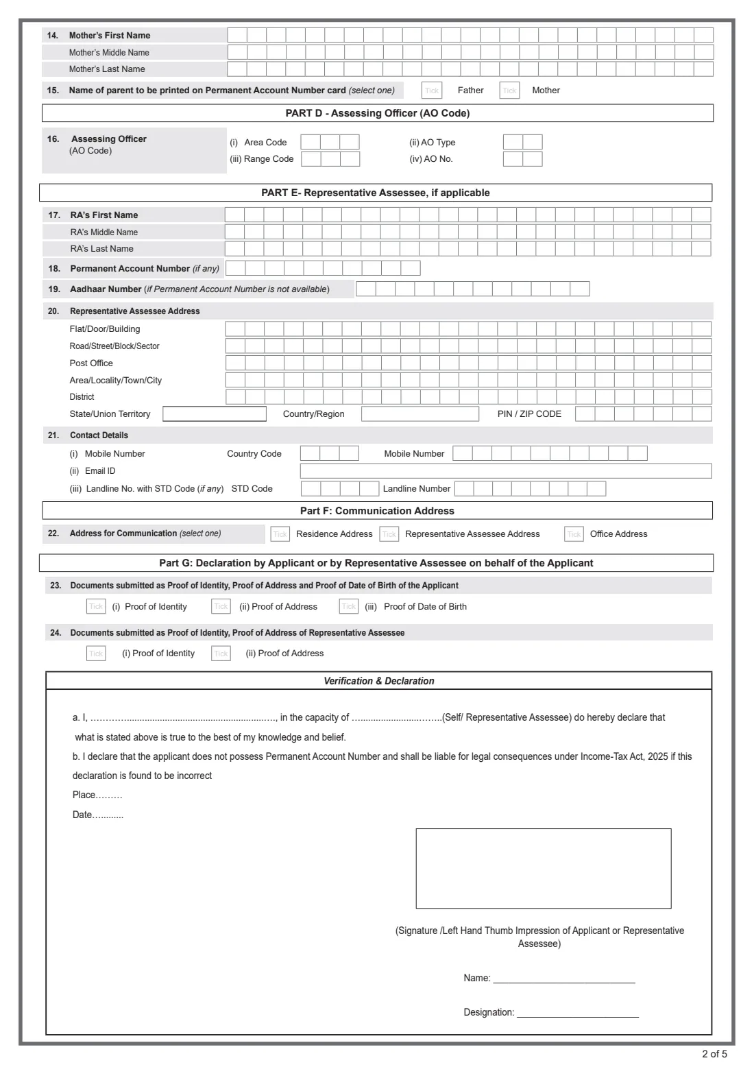 Form 93 (PAN application) (2026) Application for Allotment of Permanent Account Number (For an Individual being a Citizen of India) — page 2 of 5