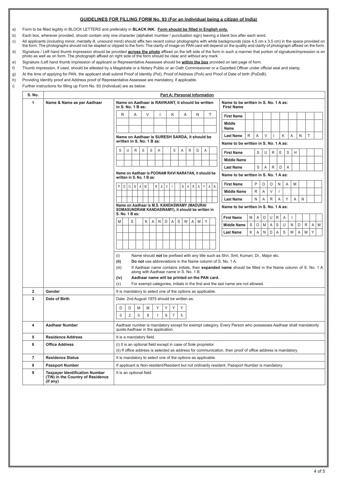 Form 93 (PAN application) (2026) Application for Allotment of Permanent Account Number (For an Individual being a Citizen of India) — page 4 of 5