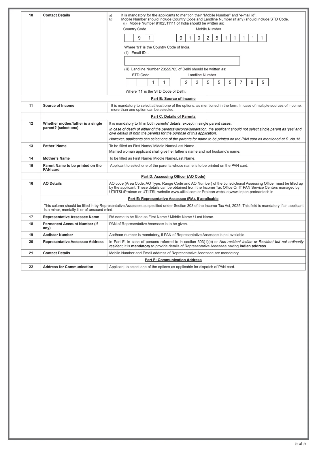 Form 93 (PAN application) (2026) Application for Allotment of Permanent Account Number (For an Individual being a Citizen of India) — page 5 of 5
