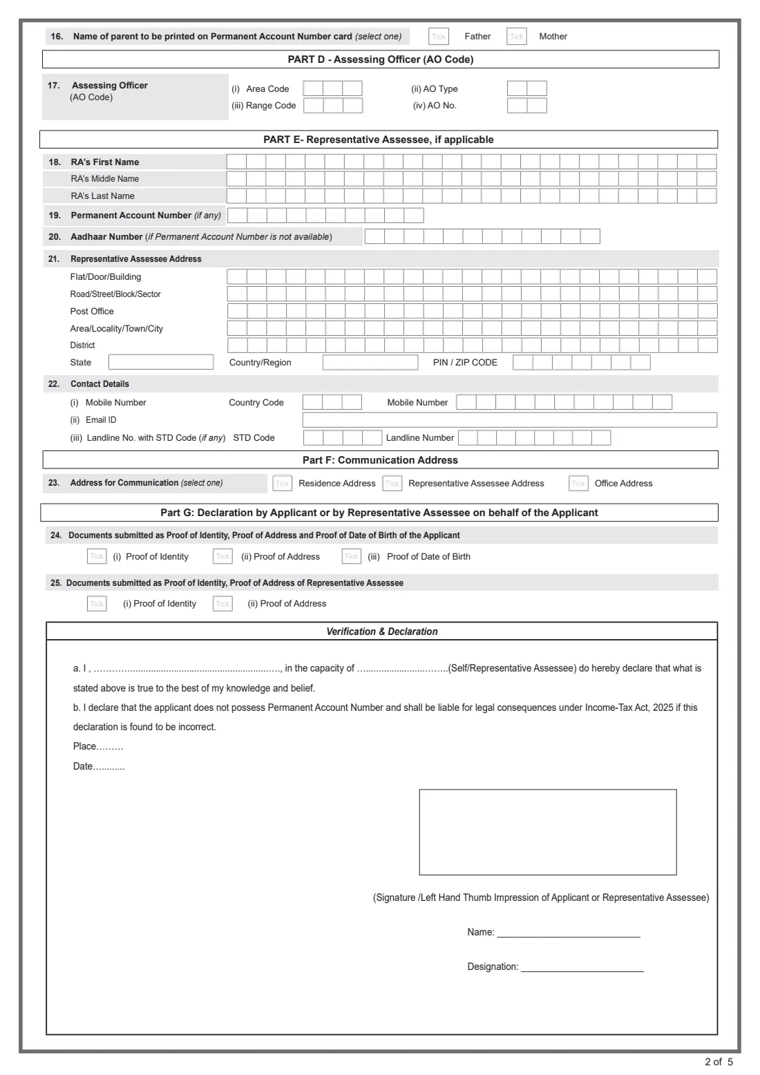 Form 95 (PAN application, non-citizen) (2026) Application for Allotment of Permanent Account Number (For an Individual not being a Citizen of India) — page 2 of 5