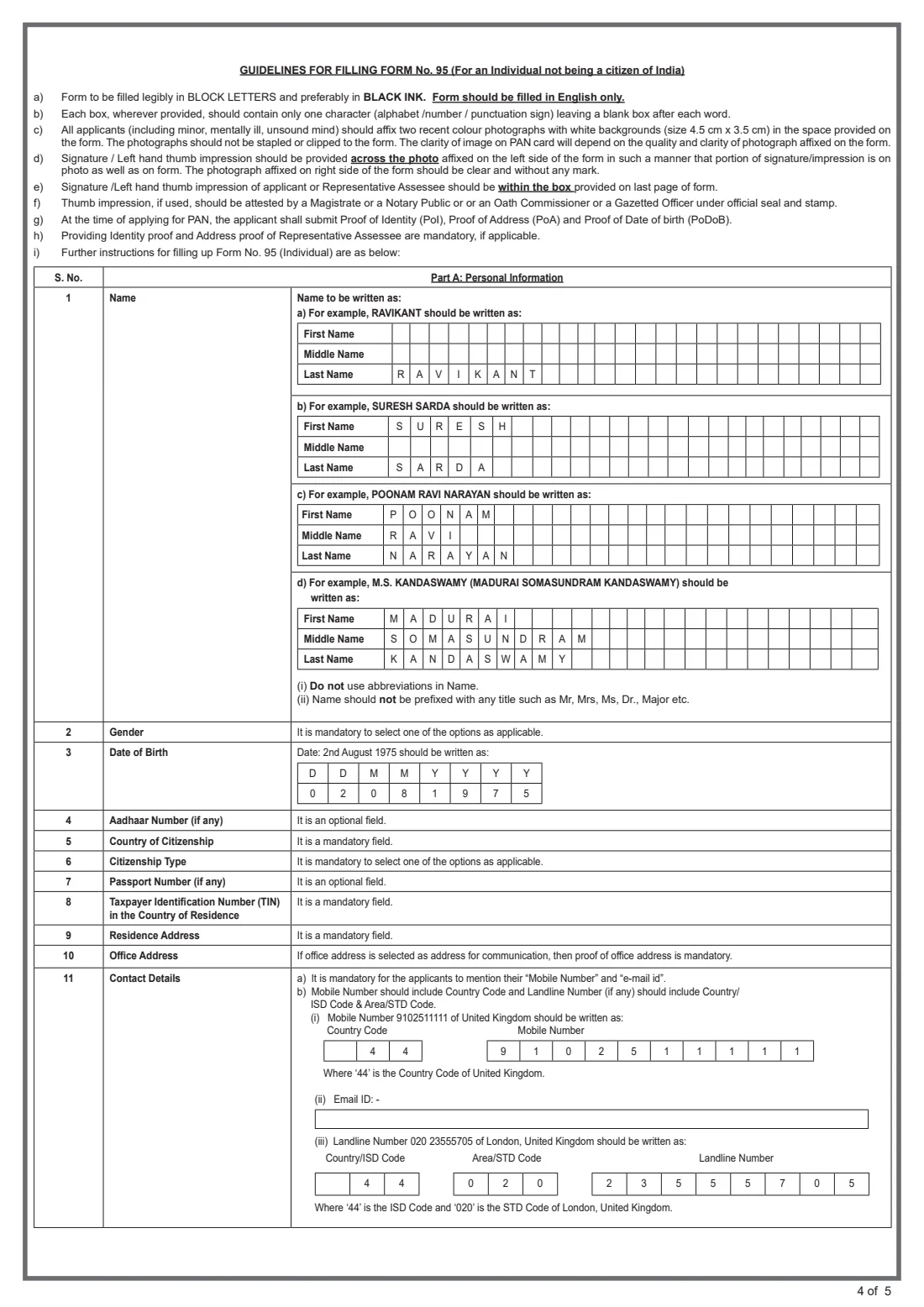 Form 95 (PAN application, non-citizen) (2026) Application for Allotment of Permanent Account Number (For an Individual not being a Citizen of India) — page 4 of 5
