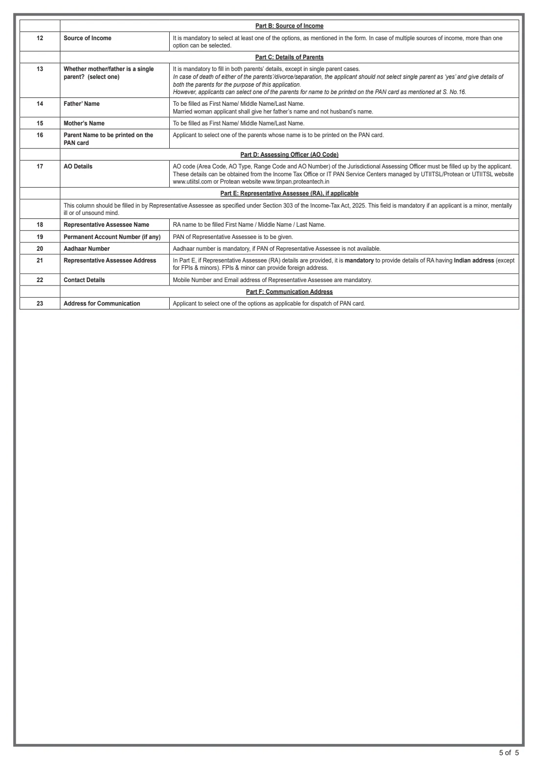 Form 95 (PAN application, non-citizen) (2026) Application for Allotment of Permanent Account Number (For an Individual not being a Citizen of India) — page 5 of 5