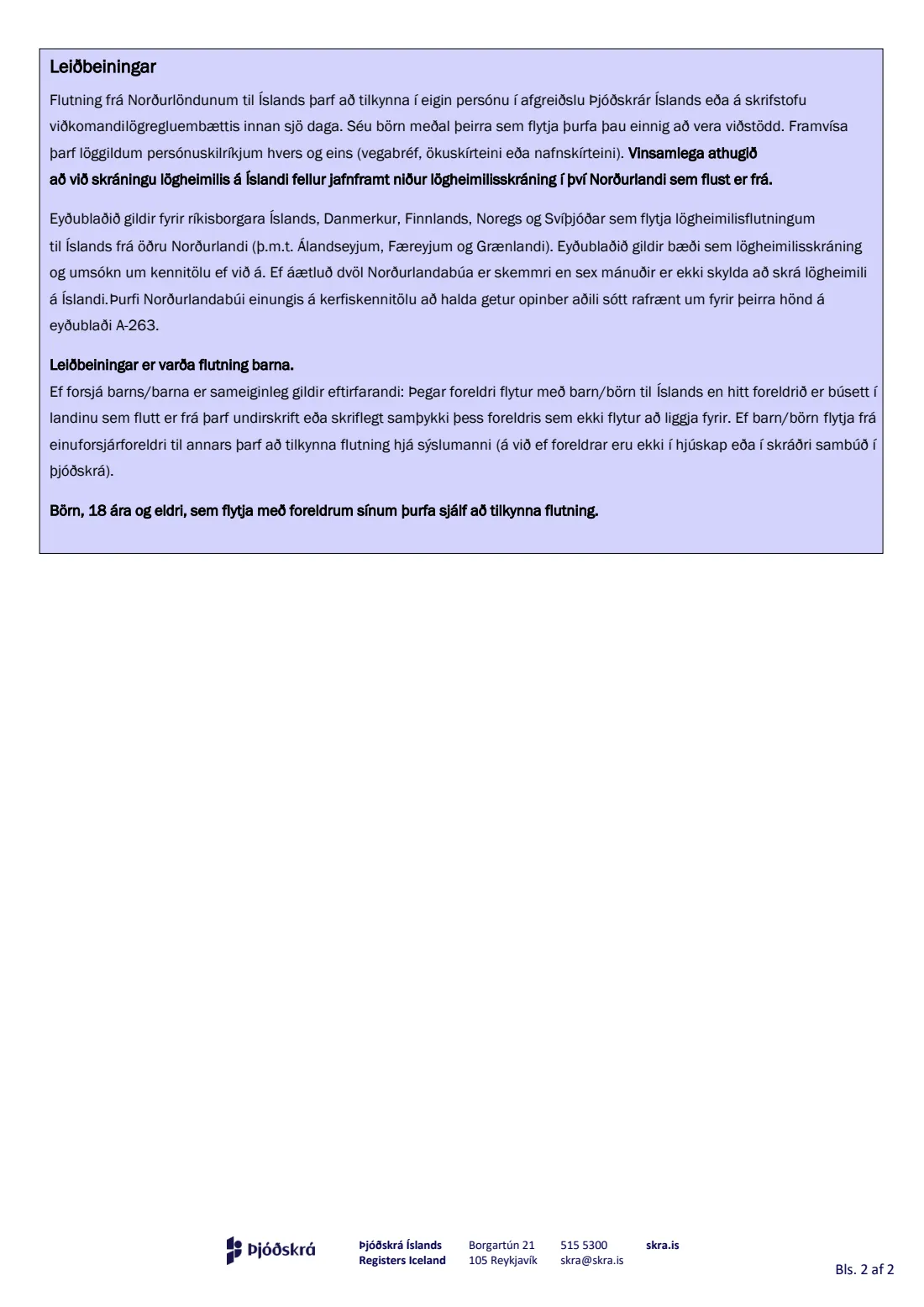 A-257 — Notification of moving to Iceland from a Nordic country (2023) Flutningstilkynning frá Norðurlöndum til Íslands — page 2 of 2