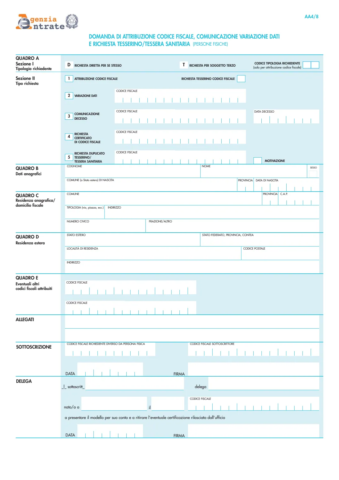 Modello AA4/8 (codice fiscale) (2025) Domanda di attribuzione codice fiscale, comunicazione variazione dati e richiesta tesserino/duplicato tessera sanitaria (persone fisiche) — Modello AA4/8 — page 2 of 2
