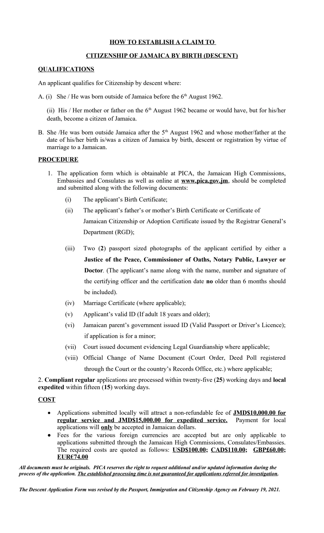 Jamaica citizenship by descent (2021) Citizenship by Descent Application Form — page 2 of 2