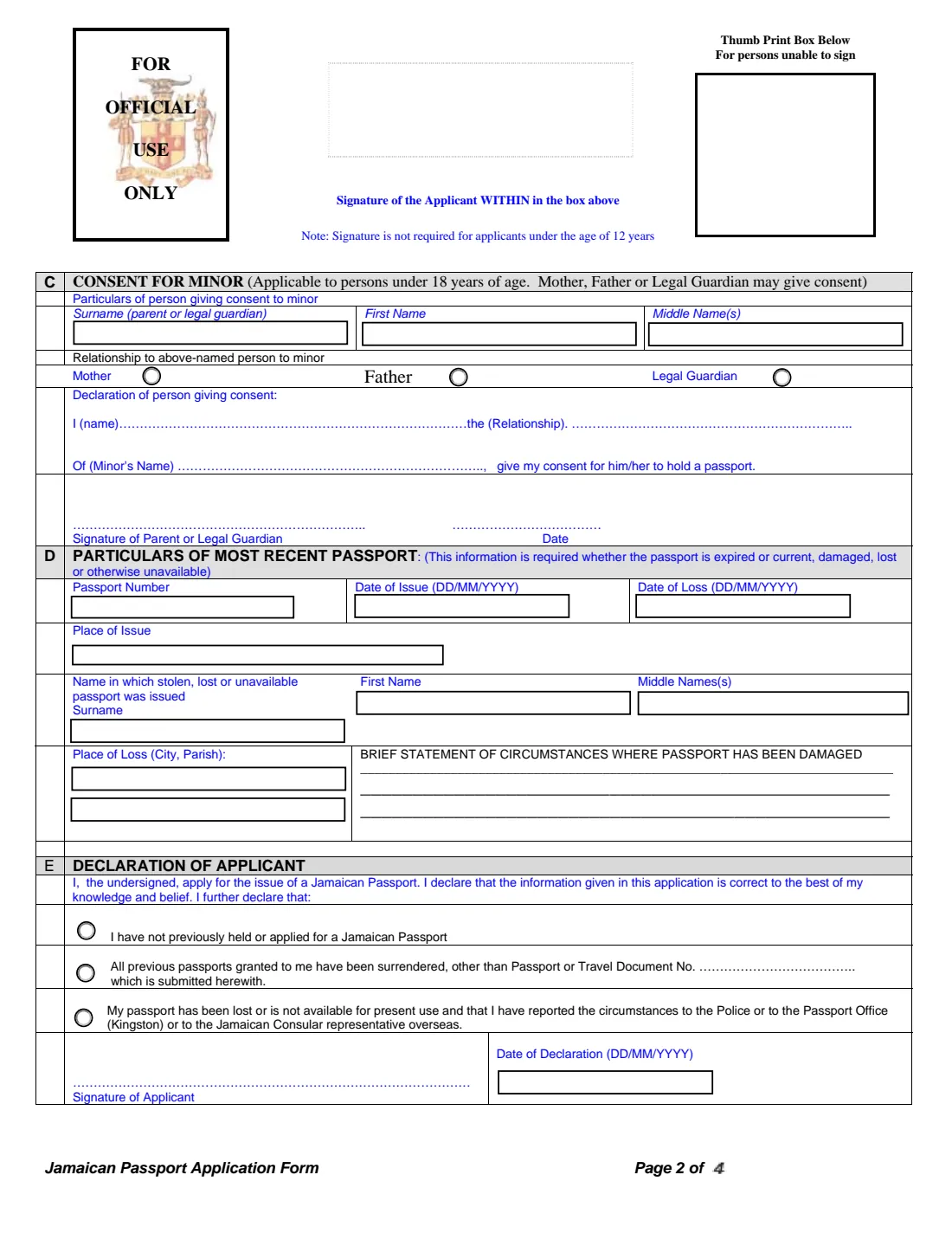 Jamaican passport application (first-time, minor, replacement) (2007) Jamaican Passport Application Form — page 2 of 6
