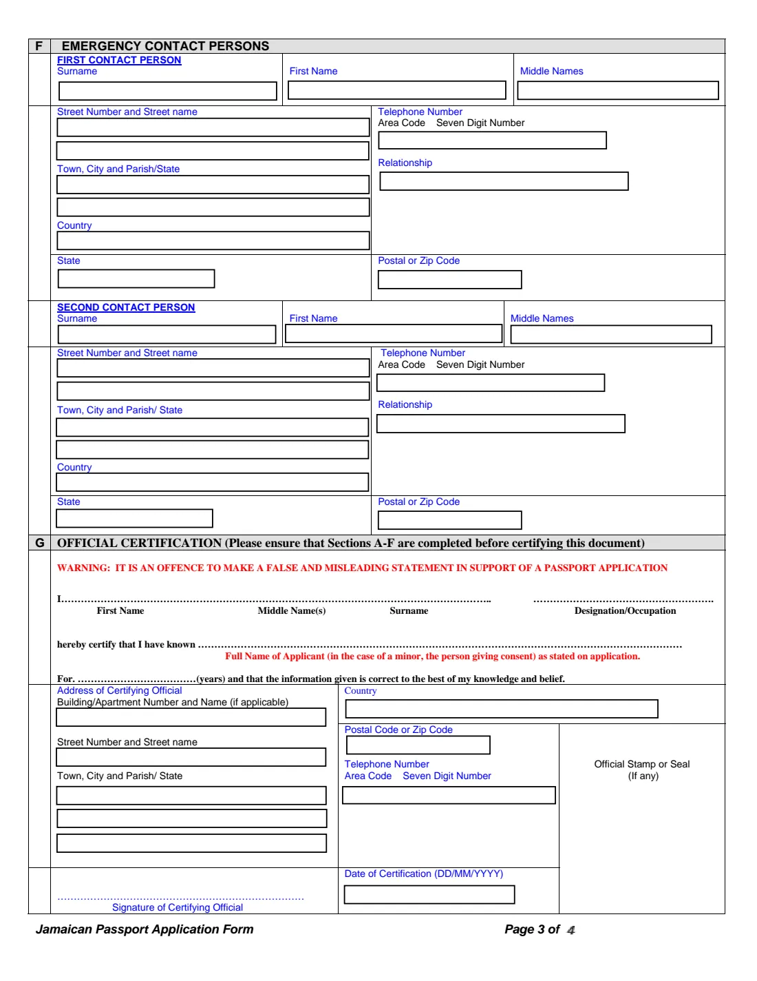 Jamaican passport application (first-time, minor, replacement) (2007) Jamaican Passport Application Form — page 3 of 6