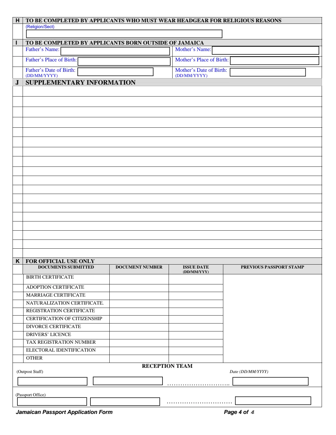 Jamaican passport application (first-time, minor, replacement) (2007) Jamaican Passport Application Form — page 4 of 6