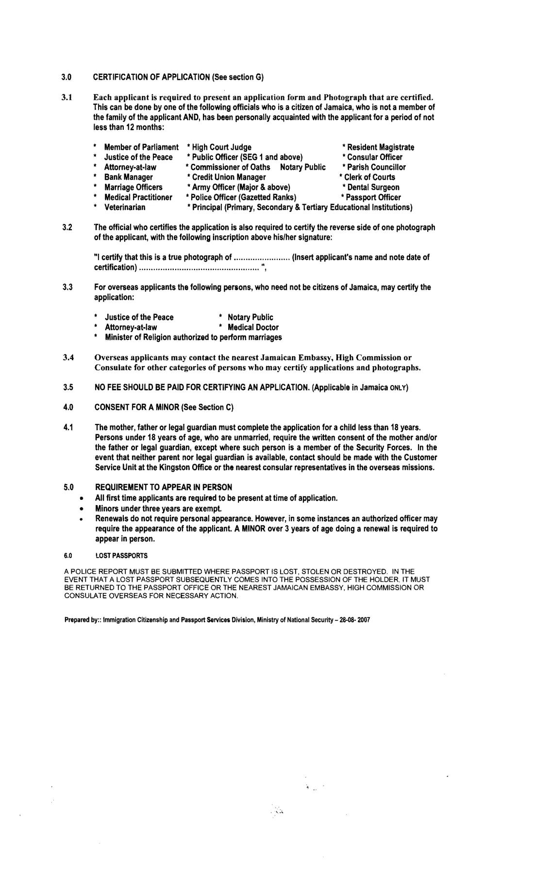Jamaican passport application (first-time, minor, replacement) (2007) Jamaican Passport Application Form — page 6 of 6