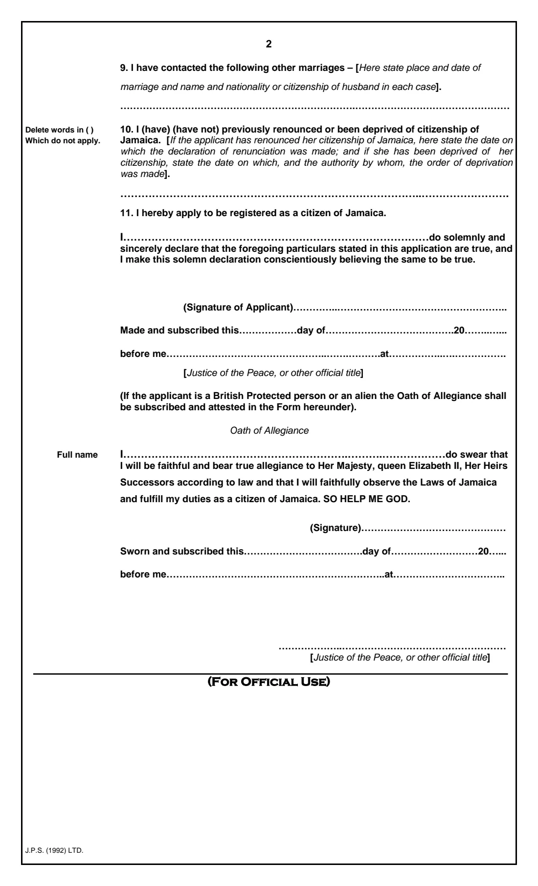 Form R.1 (citizenship by marriage) (2026) Form R.1: Application for Registration as a Citizen of Jamaica Made by a Woman by Virtue of Her Marriage to a Citizen of Jamaica — page 2 of 2