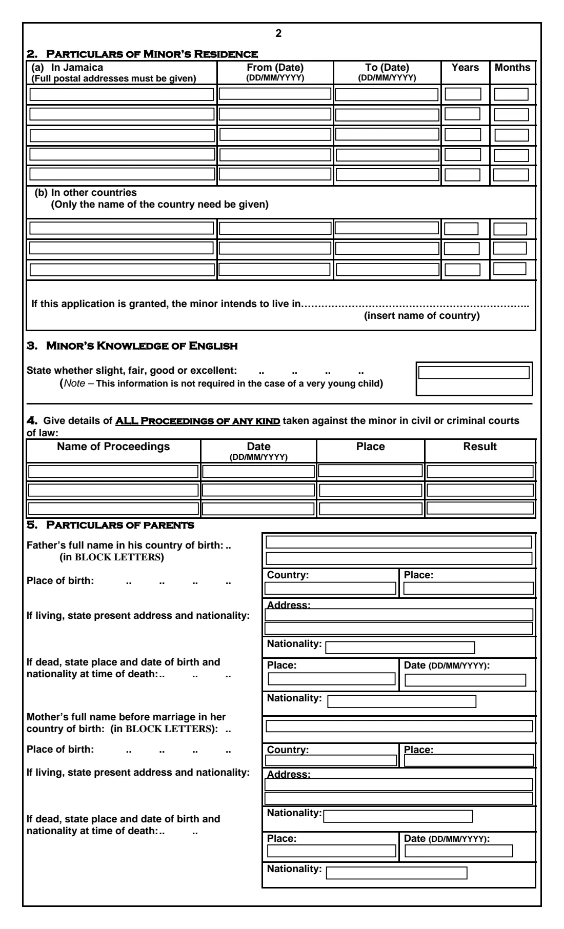 Form R.4 (registration of a minor) (2026) Form R.4: Application for the Registration as a Citizen of Jamaica of a Person under 21 Years of Age — page 2 of 4