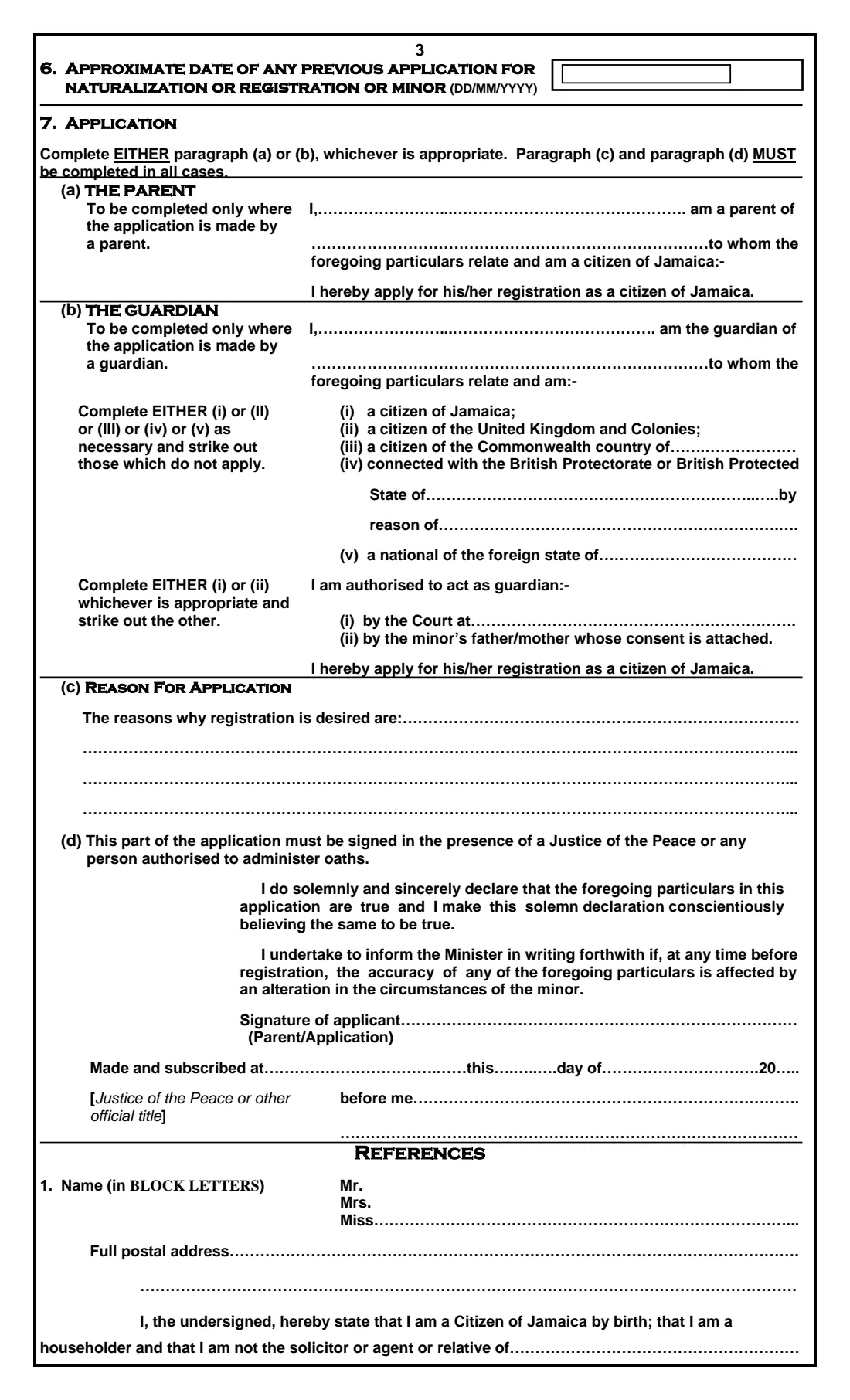 Form R.4 (registration of a minor) (2026) Form R.4: Application for the Registration as a Citizen of Jamaica of a Person under 21 Years of Age — page 3 of 4
