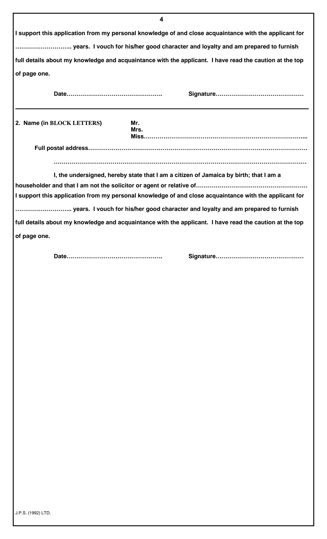 Form R.4 (registration of a minor) (2026) Form R.4: Application for the Registration as a Citizen of Jamaica of a Person under 21 Years of Age — page 4 of 4