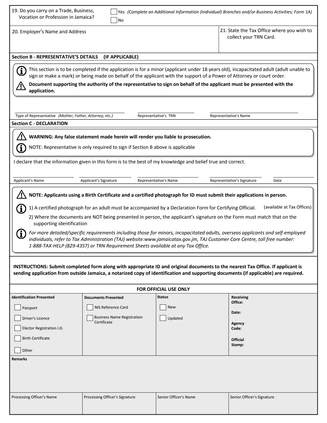 TRN application (Form 1) (2015) Application for Taxpayer Registration (Individuals) — Form 1 — page 2 of 2
