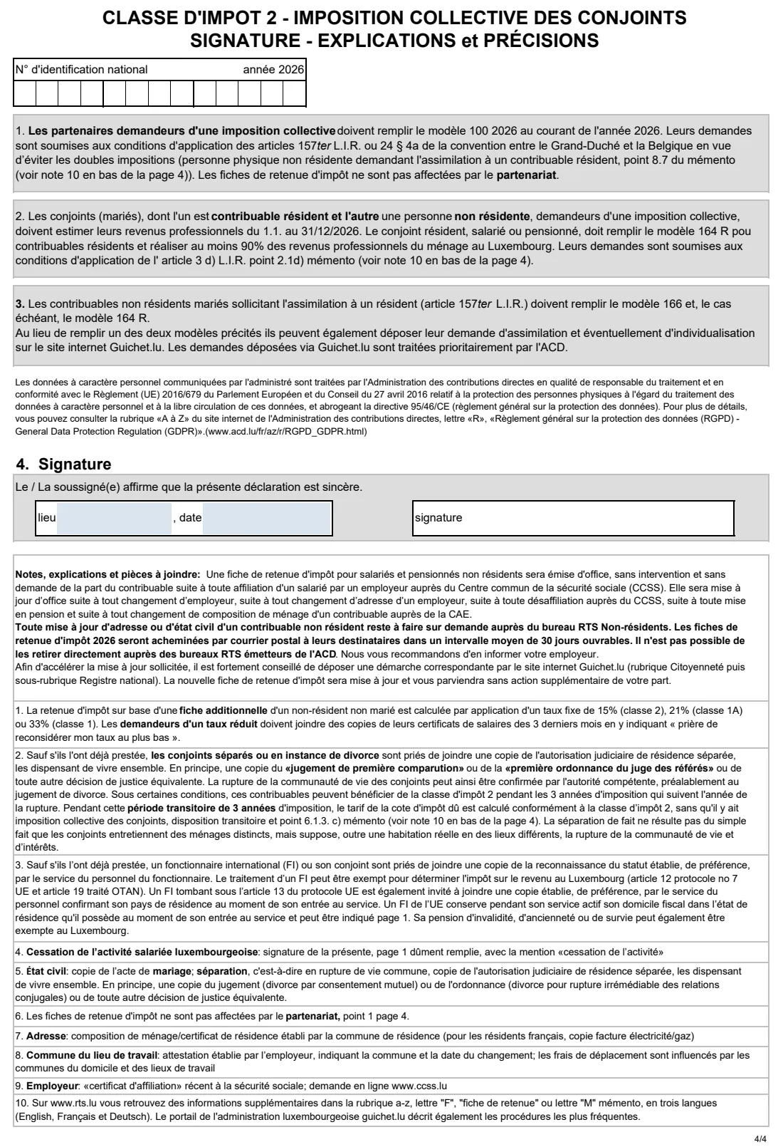 164 NR — Non-resident tax card request 2026 (2026) Demande d'établissement / de modification de la fiche de retenue d'impôt 2026 pour salariés et pensionnés non résidents (modèle 164 NR F) — page 4 of 4