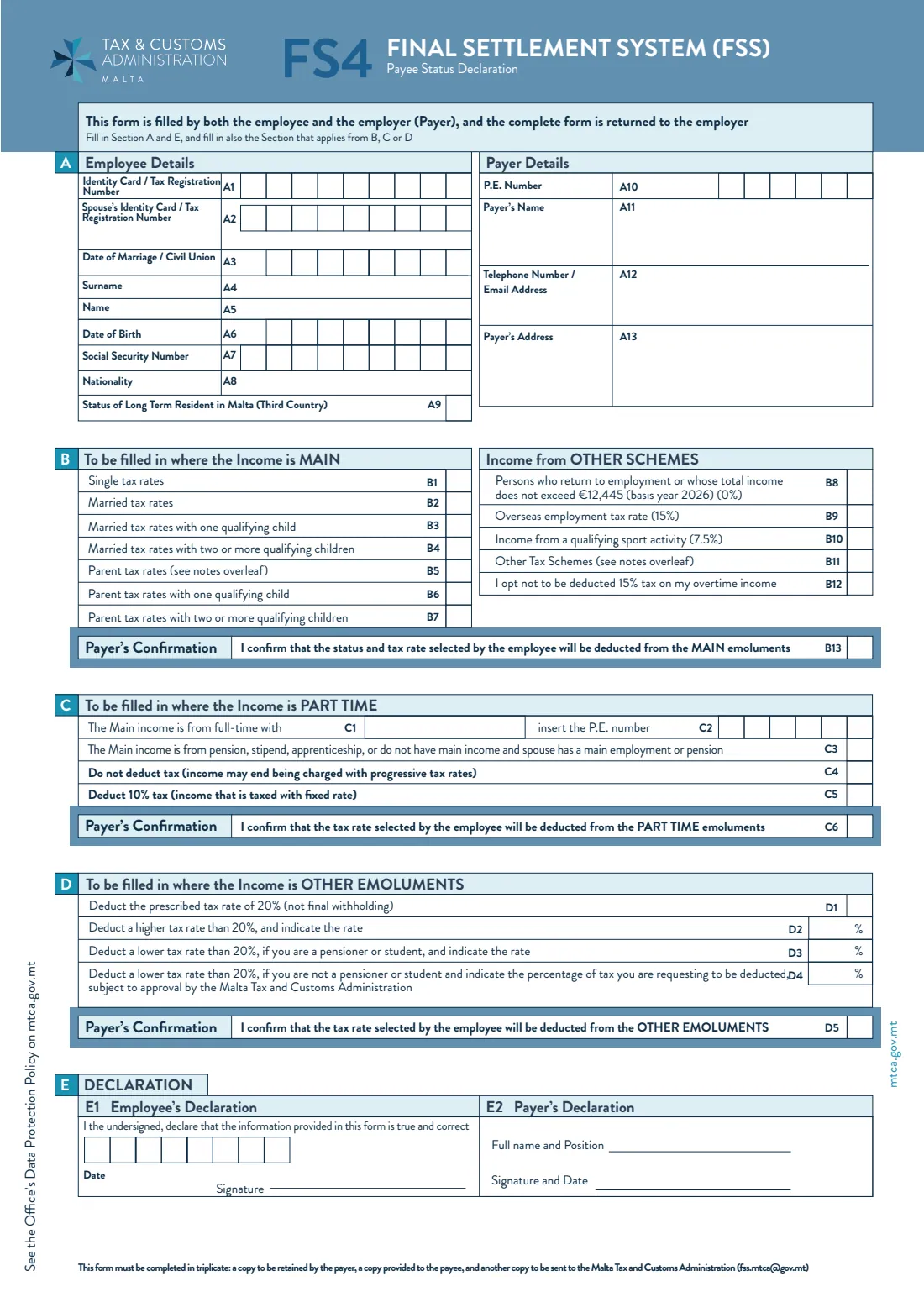 FS4 — payee status declaration (tax status for a new job) (2026) FS4 Payee Status Declaration (Final Settlement System) — page 3 of 4