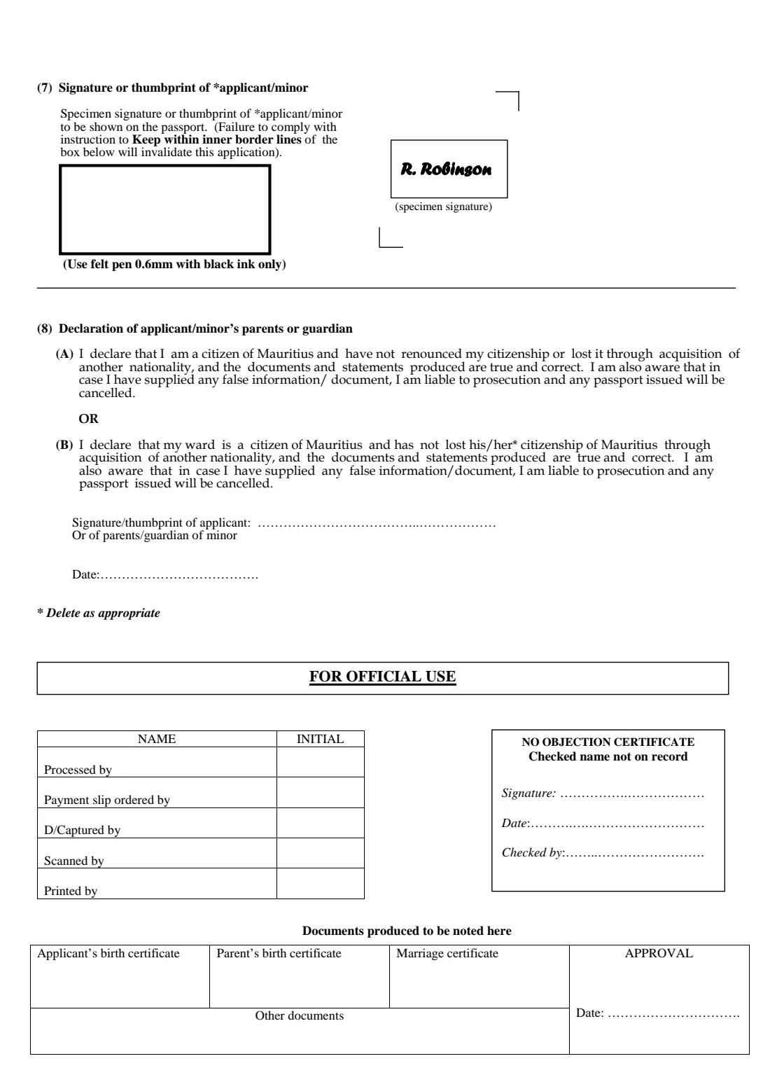 P.F.136 Mauritius passport application (2026) Application for a Mauritius Passport (P.F.136) — page 4 of 4