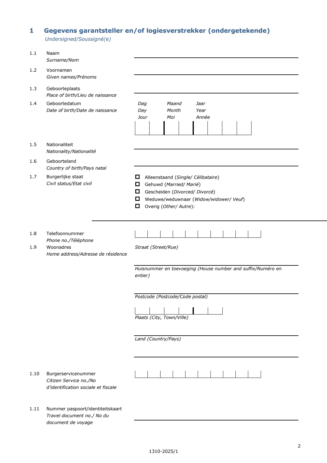 1310 proof of sponsorship / private accommodation (2025) Proof of sponsorship and/or private accommodation for a visitor (Bewijs van garantstelling en/of particuliere logiesverstrekking) — page 2 of 9