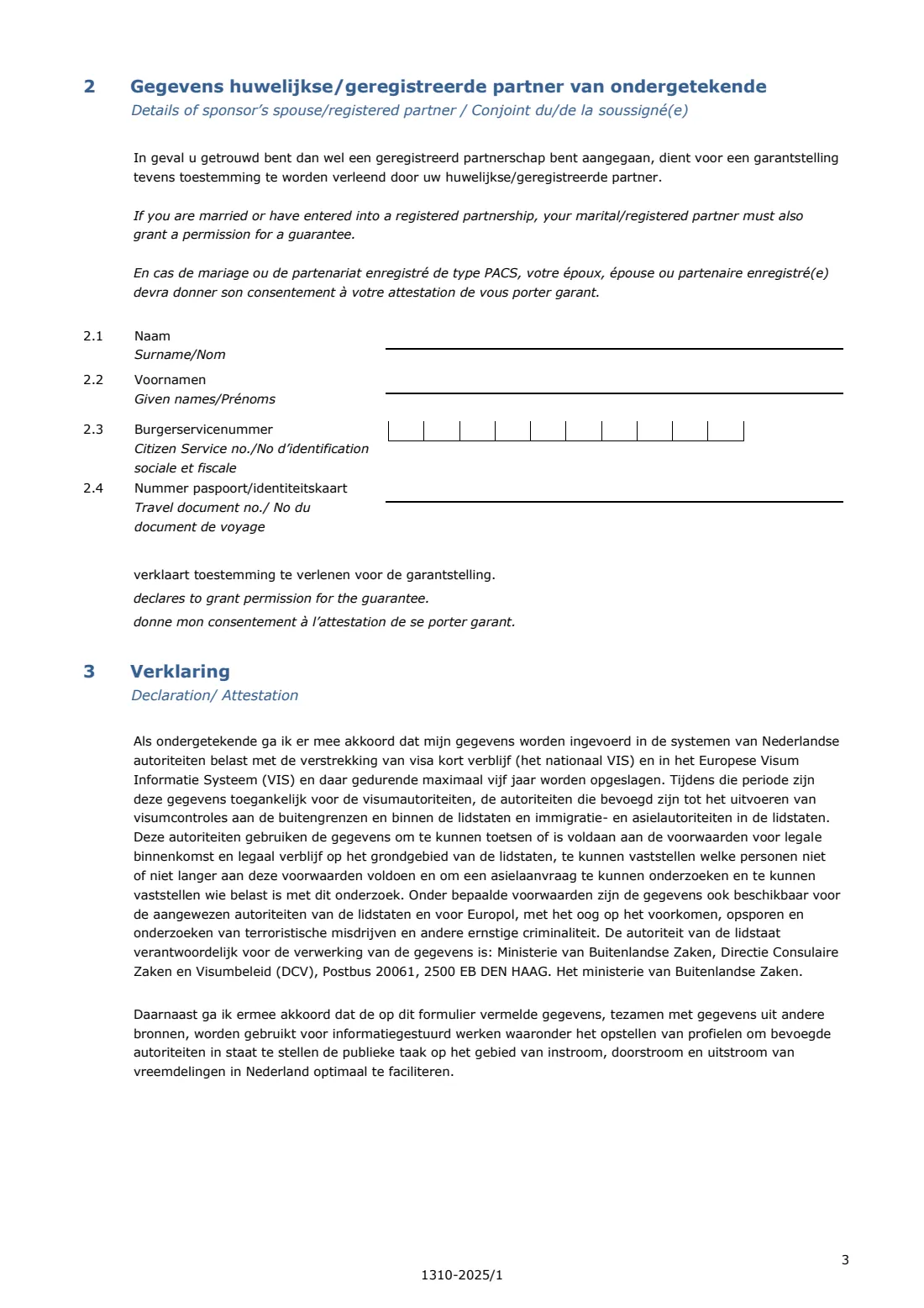 1310 proof of sponsorship / private accommodation (2025) Proof of sponsorship and/or private accommodation for a visitor (Bewijs van garantstelling en/of particuliere logiesverstrekking) — page 3 of 9