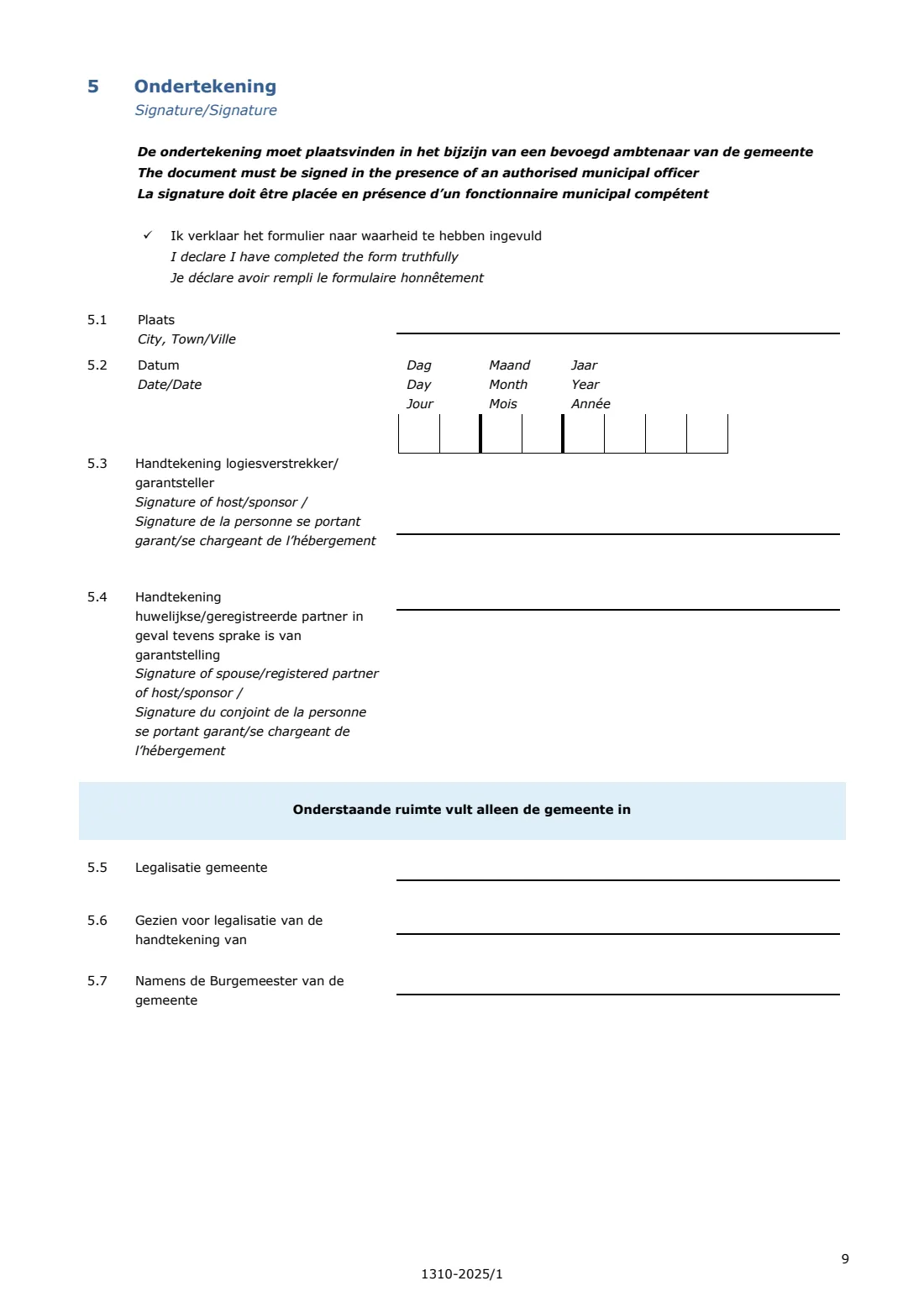1310 proof of sponsorship / private accommodation (2025) Proof of sponsorship and/or private accommodation for a visitor (Bewijs van garantstelling en/of particuliere logiesverstrekking) — page 9 of 9
