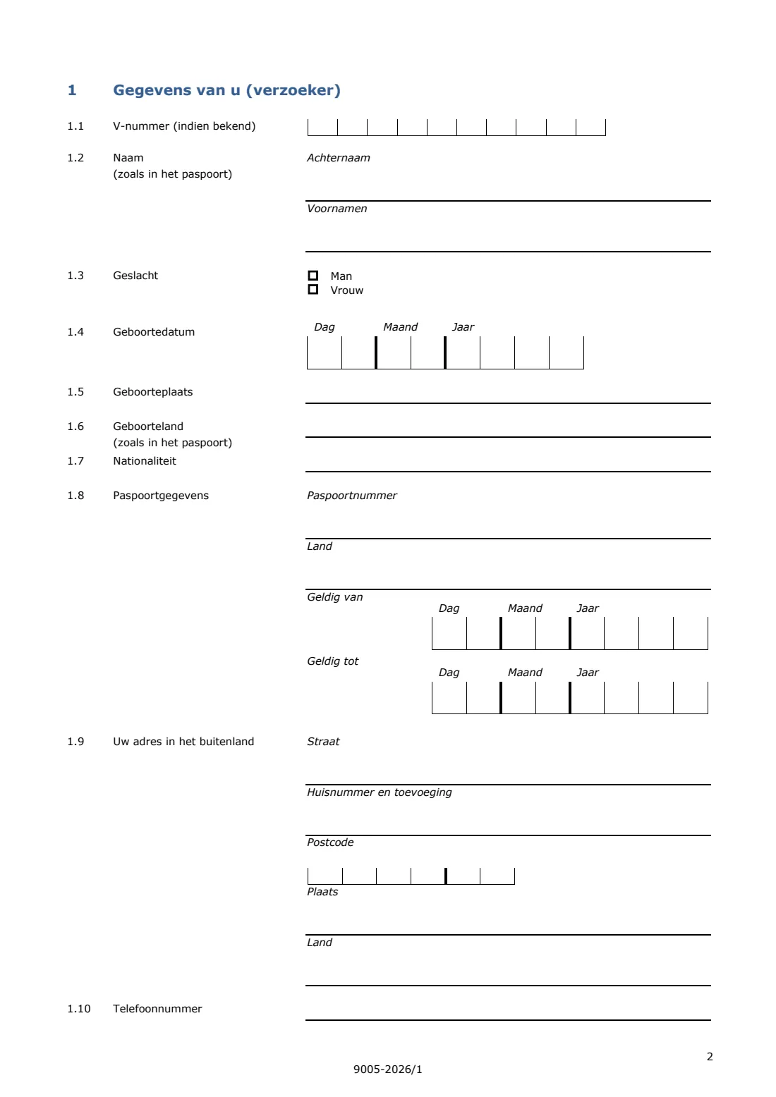 9005 request to register your departure from the EU (2026) Request to register actual departure from the Netherlands (Verzoek tot het registreren van feitelijk vertrek) — page 2 of 6