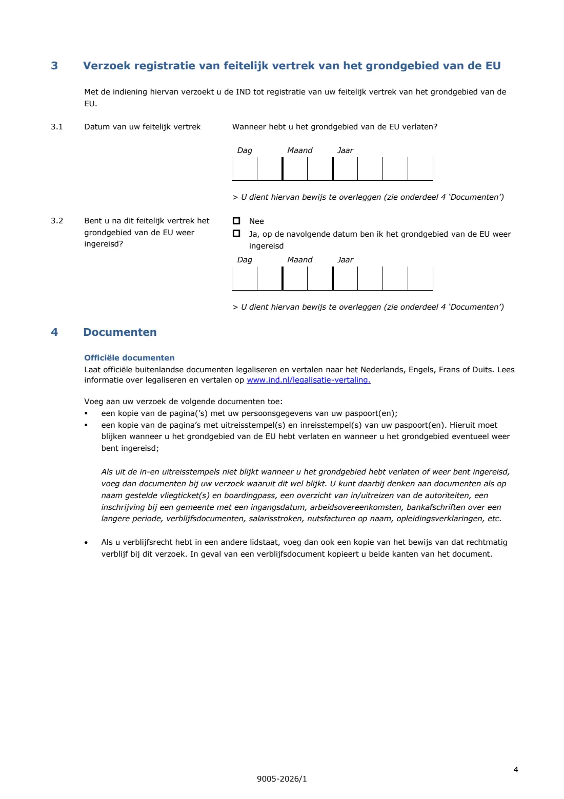 9005 request to register your departure from the EU (2026) Request to register actual departure from the Netherlands (Verzoek tot het registreren van feitelijk vertrek) — page 4 of 6
