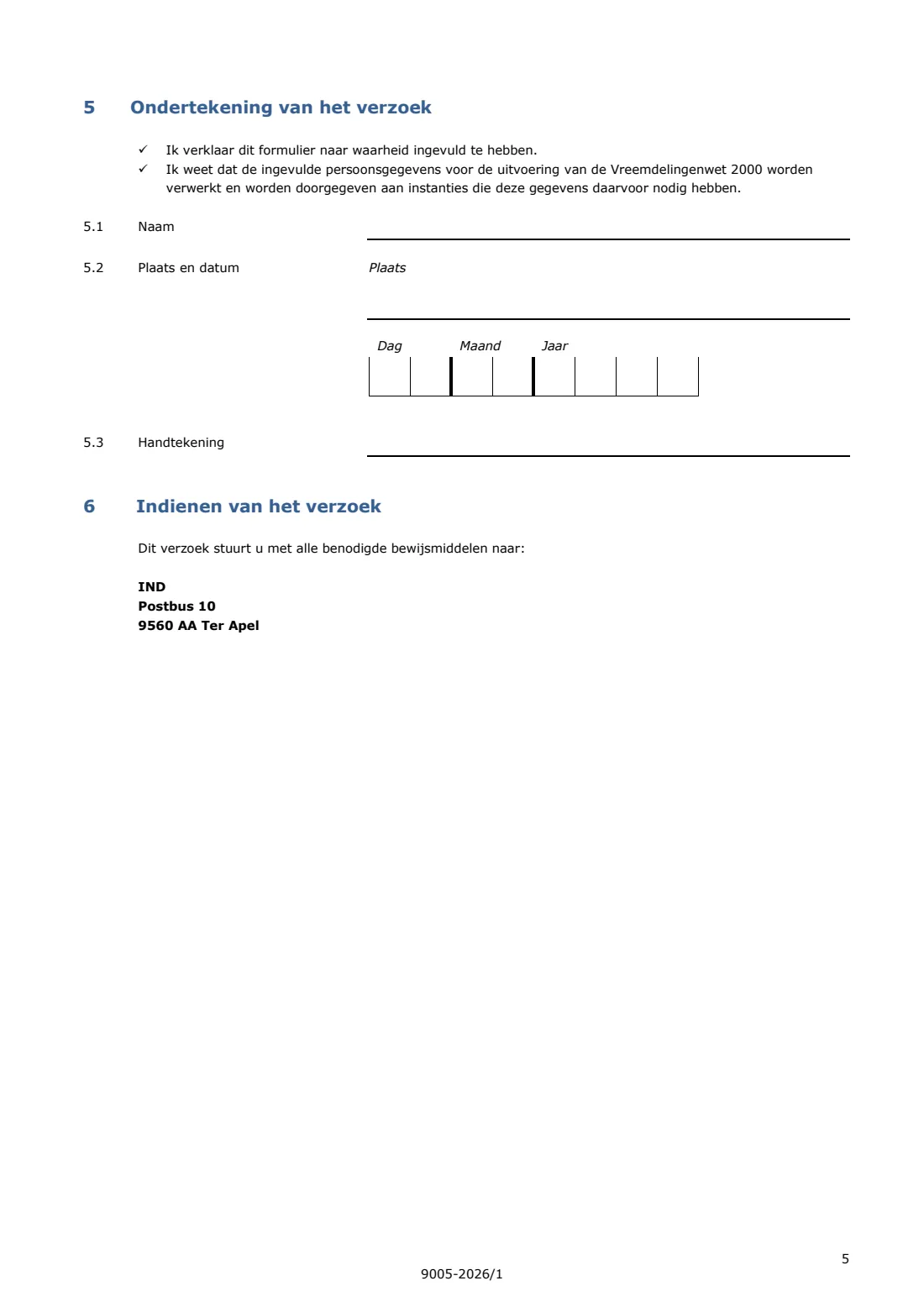 9005 request to register your departure from the EU (2026) Request to register actual departure from the Netherlands (Verzoek tot het registreren van feitelijk vertrek) — page 5 of 6