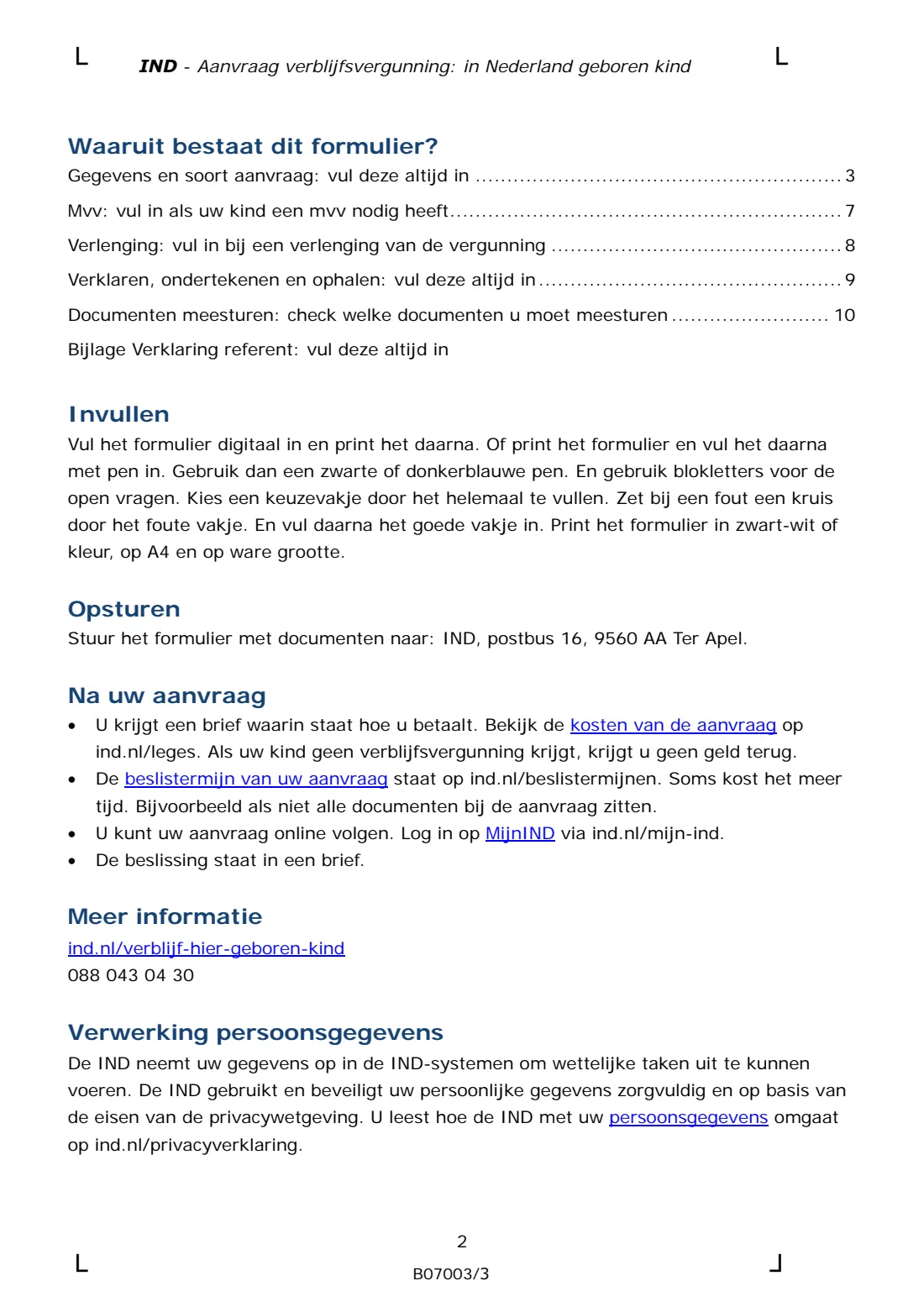 B07003 residence permit for a child born in the Netherlands (2025) Residence permit application for a child born in the Netherlands (Aanvraag verblijfsvergunning: in Nederland geboren kind) — page 2 of 14
