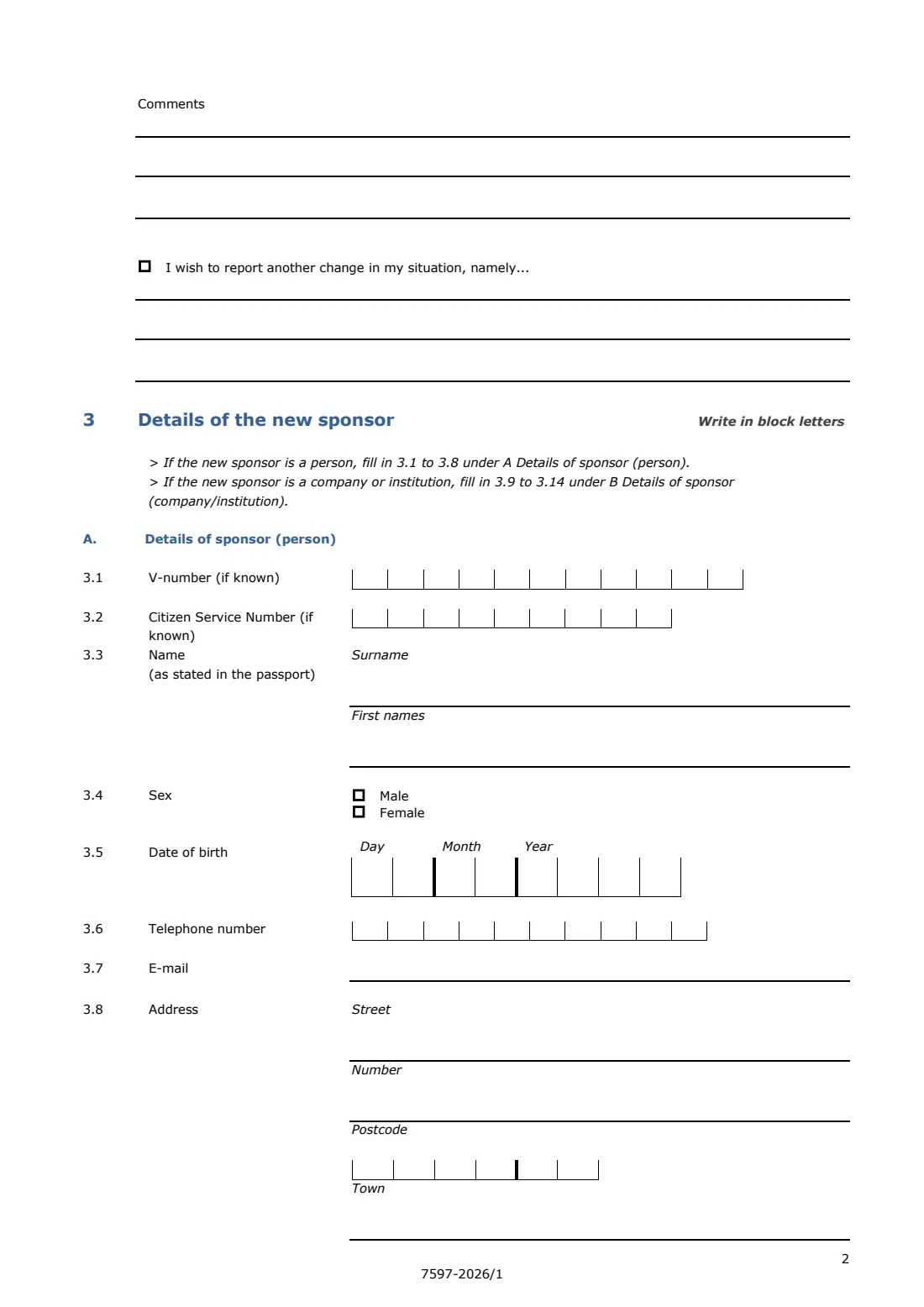 7597 Reporting form for foreign nationals (changes in your situation) (2026) Reporting form for foreign nationals — page 2 of 4