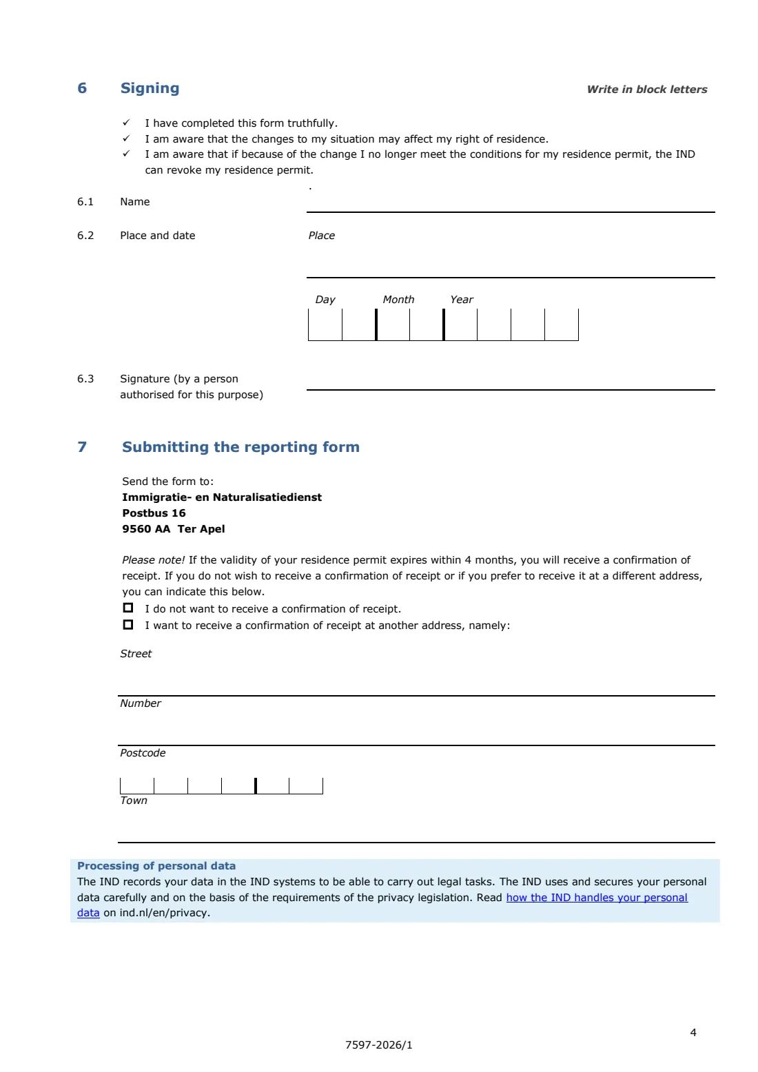 7597 Reporting form for foreign nationals (changes in your situation) (2026) Reporting form for foreign nationals — page 4 of 4