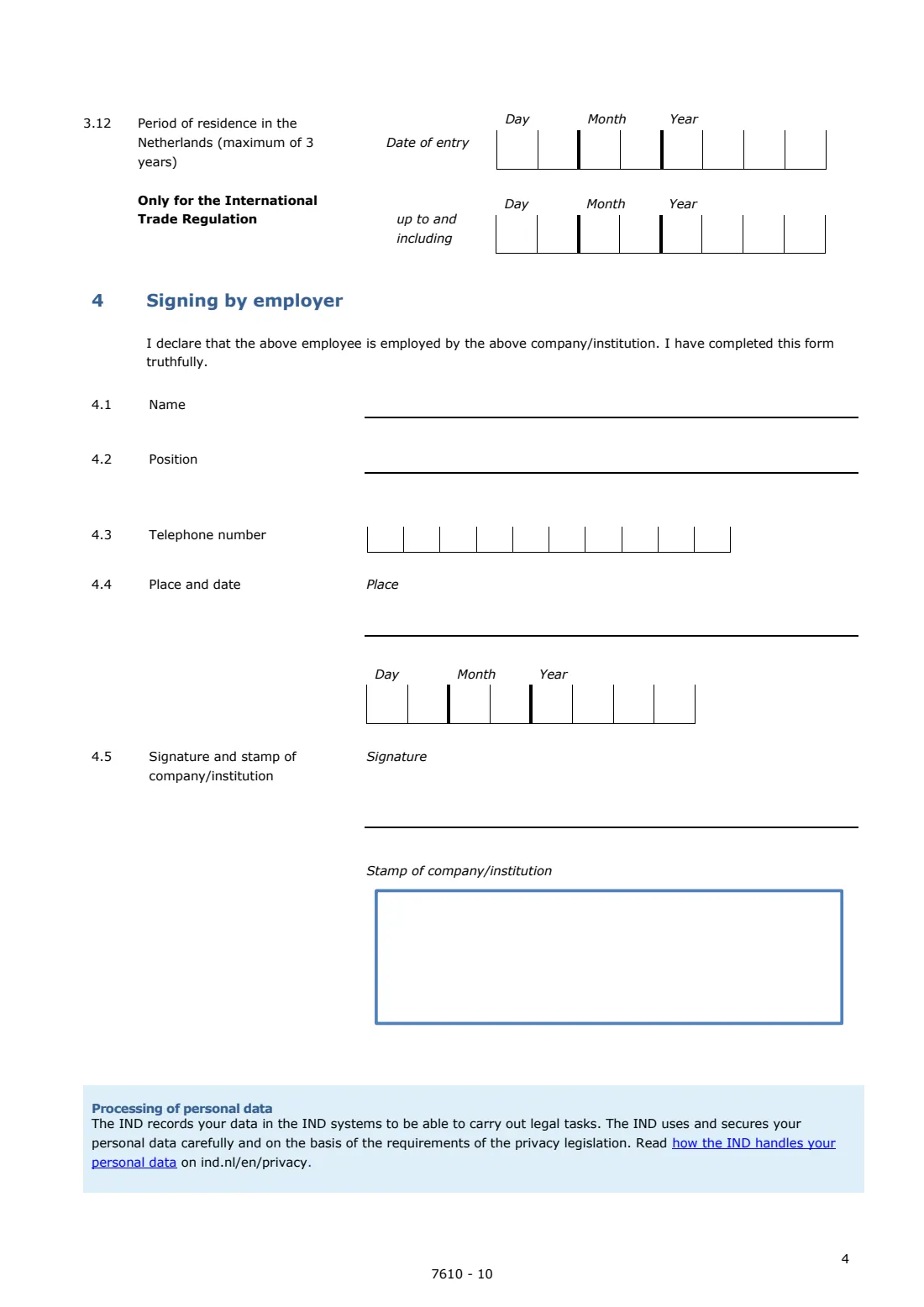 IND 7610 employer's declaration (2026) Appendix Employer's declaration (wage, work and benefits) — page 4 of 4
