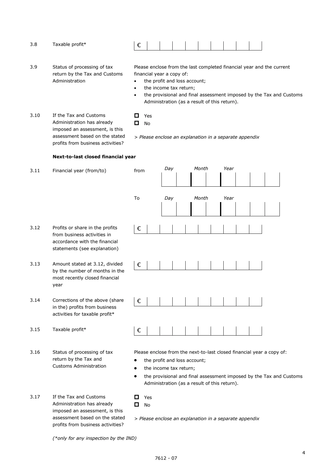 IND 7612 self-employed income declaration (2026) Appendix Declaration on income of self-employed person — page 4 of 6