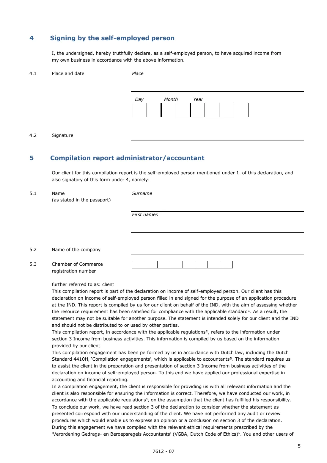 IND 7612 self-employed income declaration (2026) Appendix Declaration on income of self-employed person — page 5 of 6