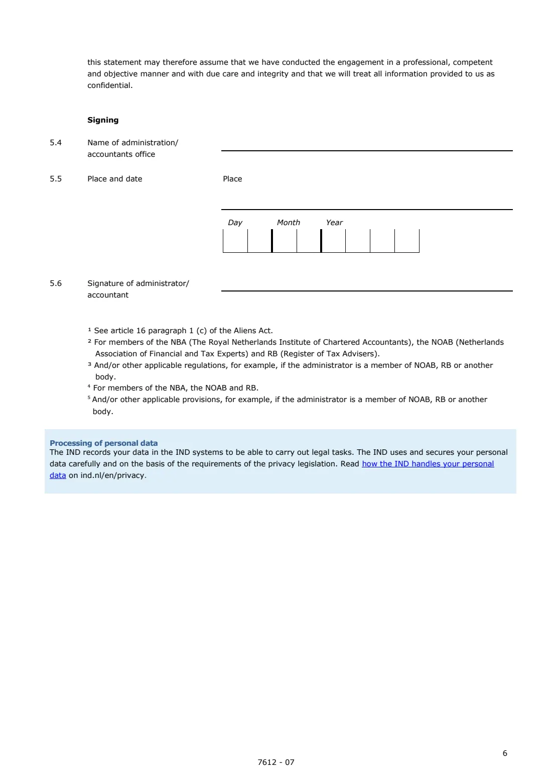 IND 7612 self-employed income declaration (2026) Appendix Declaration on income of self-employed person — page 6 of 6