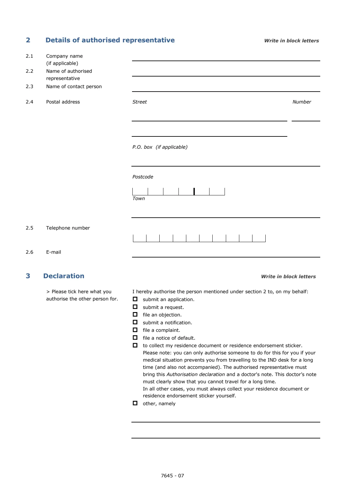 IND 7645 authorisation declaration (2026) Authorisation declaration (Machtiging) - appoint a representative before the IND — page 2 of 3