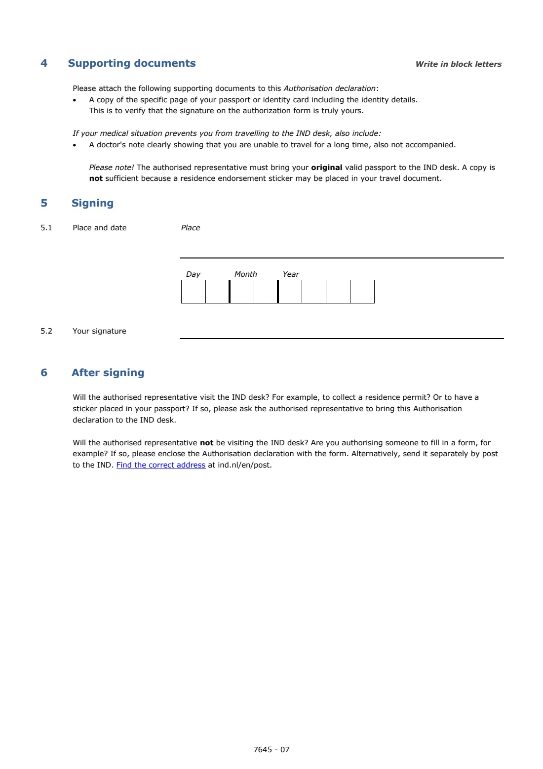 IND 7645 authorisation declaration (2026) Authorisation declaration (Machtiging) - appoint a representative before the IND — page 3 of 3
