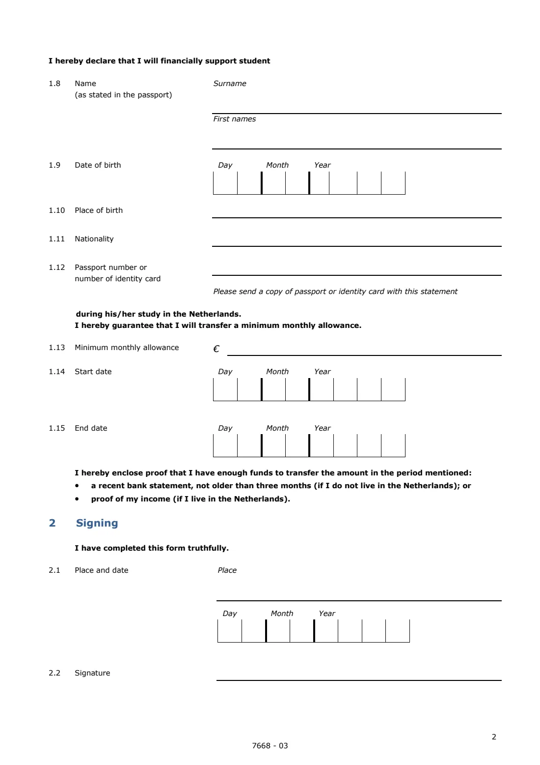 IND 7668 statement of financial support (2026) Appendix Statement of financial support (private person) for a student — page 2 of 4