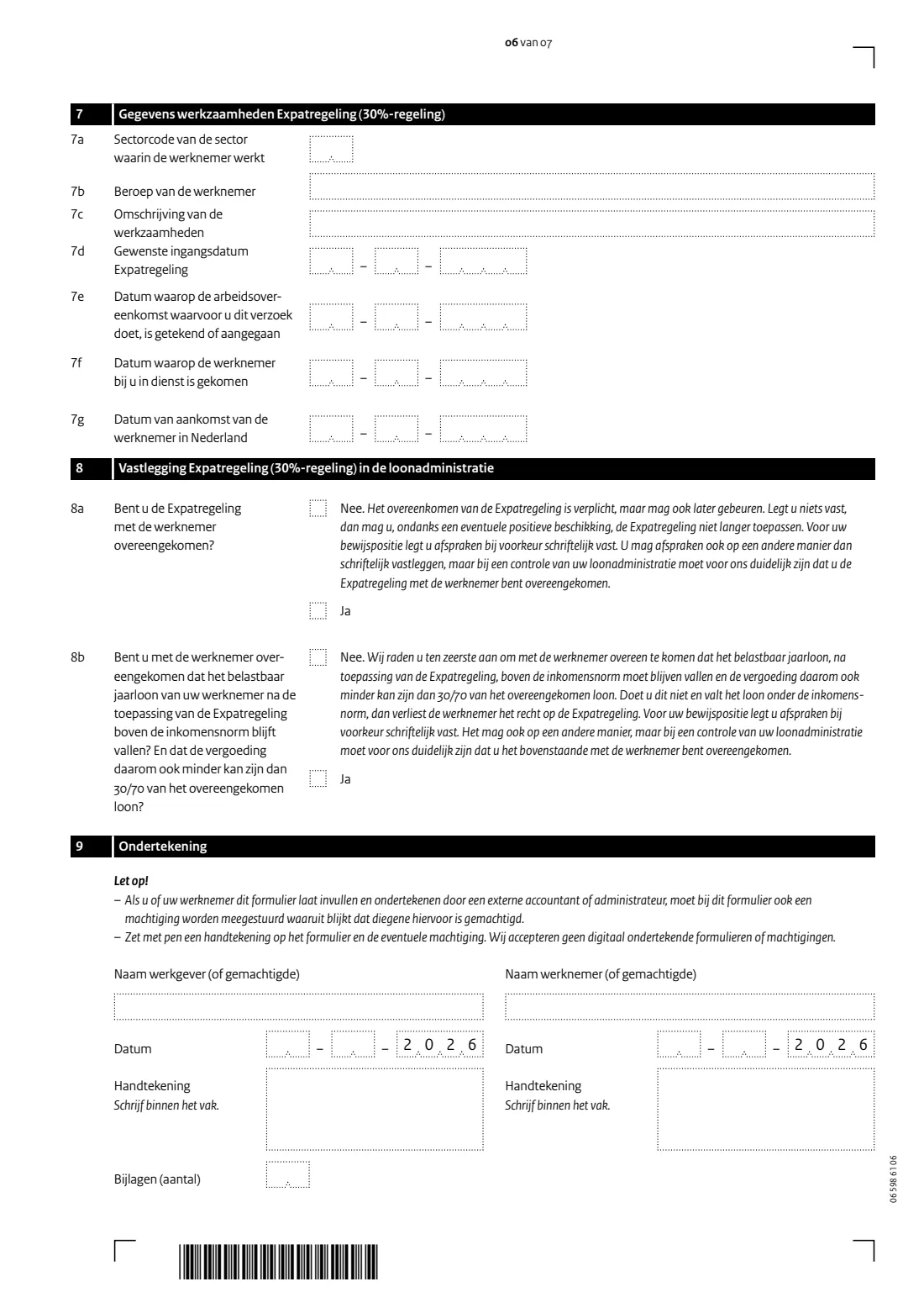 LH 598 - Expatregeling (30%-regeling) 2026 (2026) Verzoek 2026 Loonheffingen - Expatregeling (30%-regeling): request to apply the 30% ruling for an employee — page 6 of 7