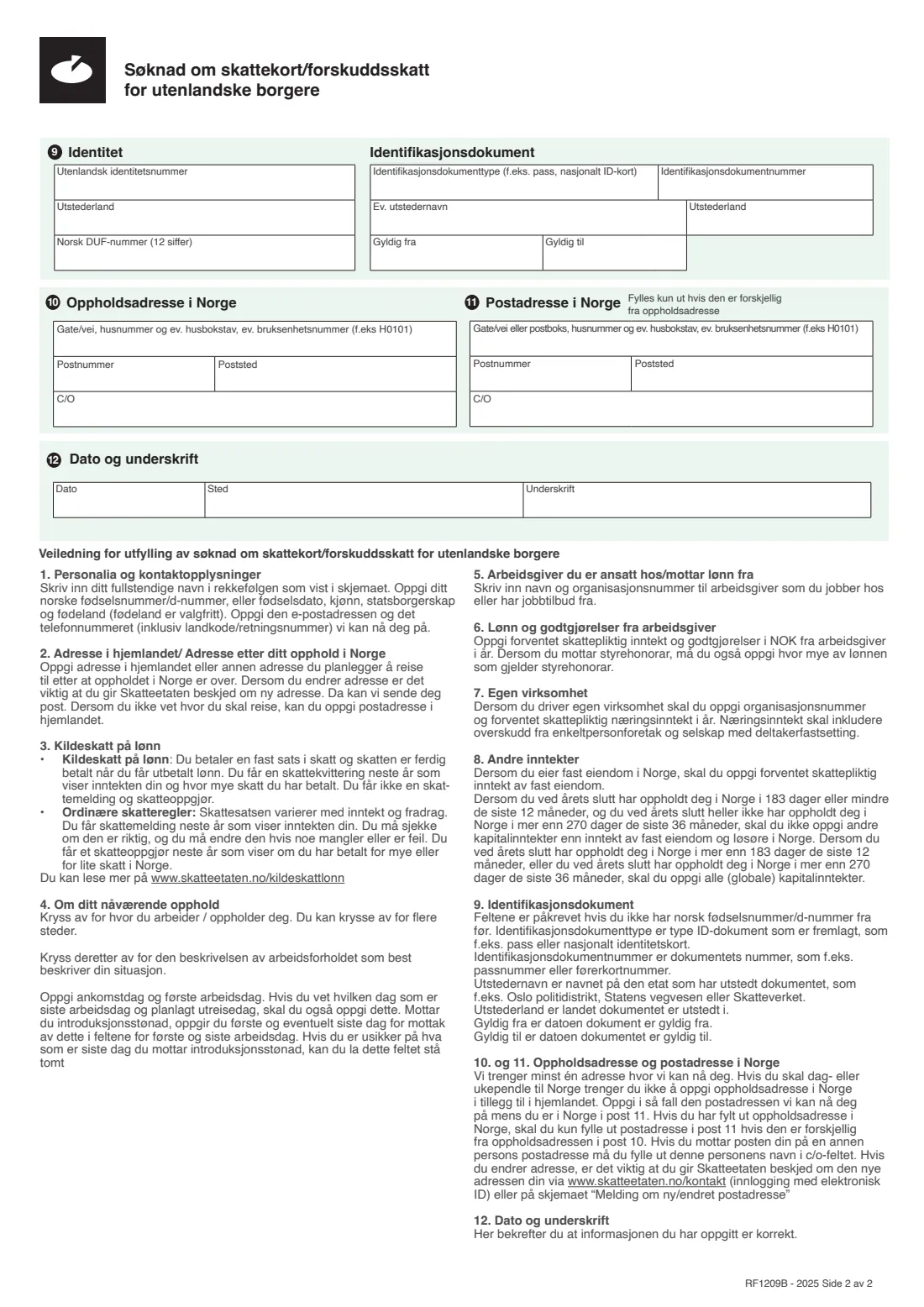 RF-1209B - Tax card application for foreign citizens (2025) Søknad om skattekort/forskuddsskatt for utenlandske borgere (RF-1209B) — page 2 of 2