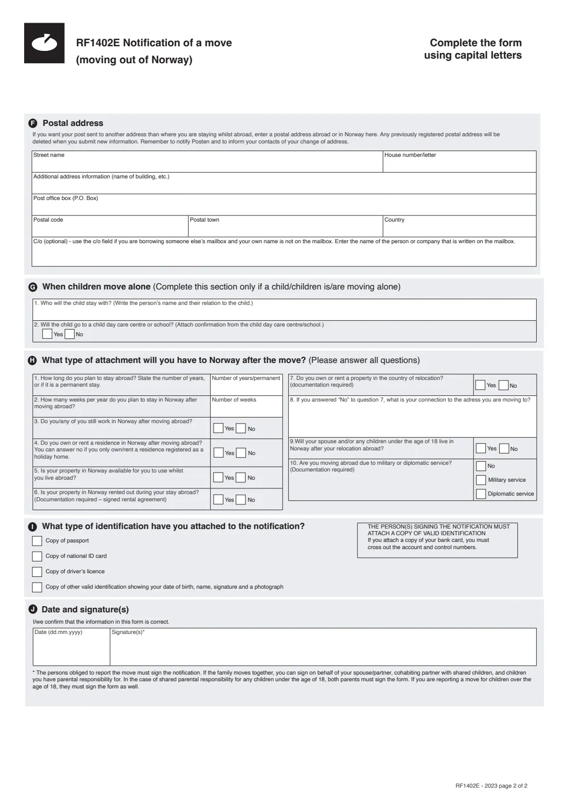 RF-1402E - Notification of a move out of Norway (2023) Notification of a move - moving out of Norway (RF-1402E) — page 2 of 2
