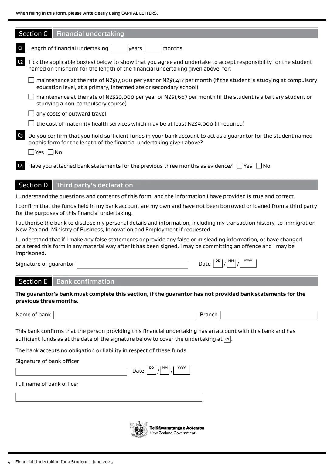 INZ 1014 financial undertaking for a student (2025) Financial Undertaking for a Student (INZ 1014) — page 4 of 4