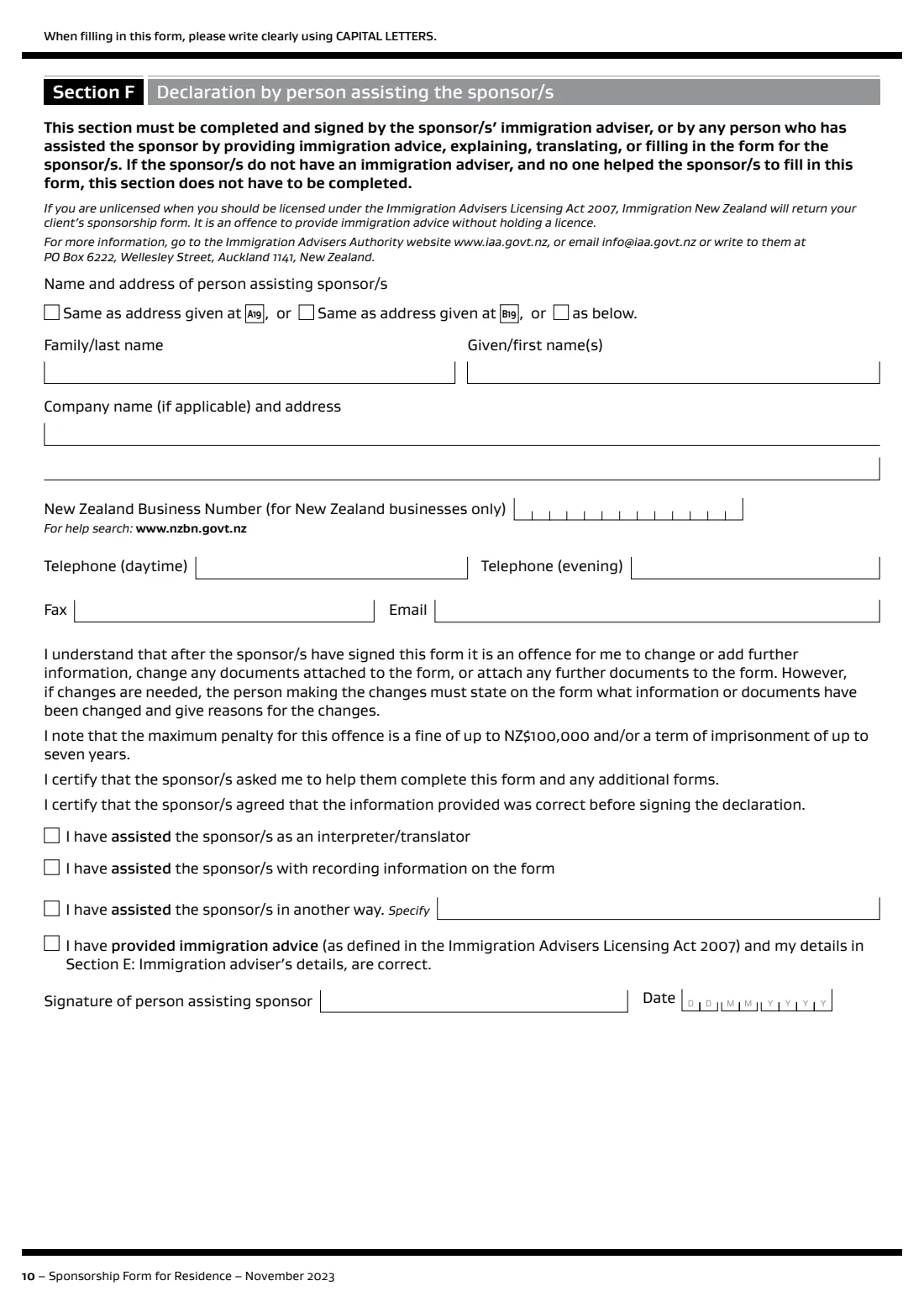 INZ 1024 parent category sponsorship (2023) Sponsorship Form for Residence (INZ 1024) — page 10 of 12