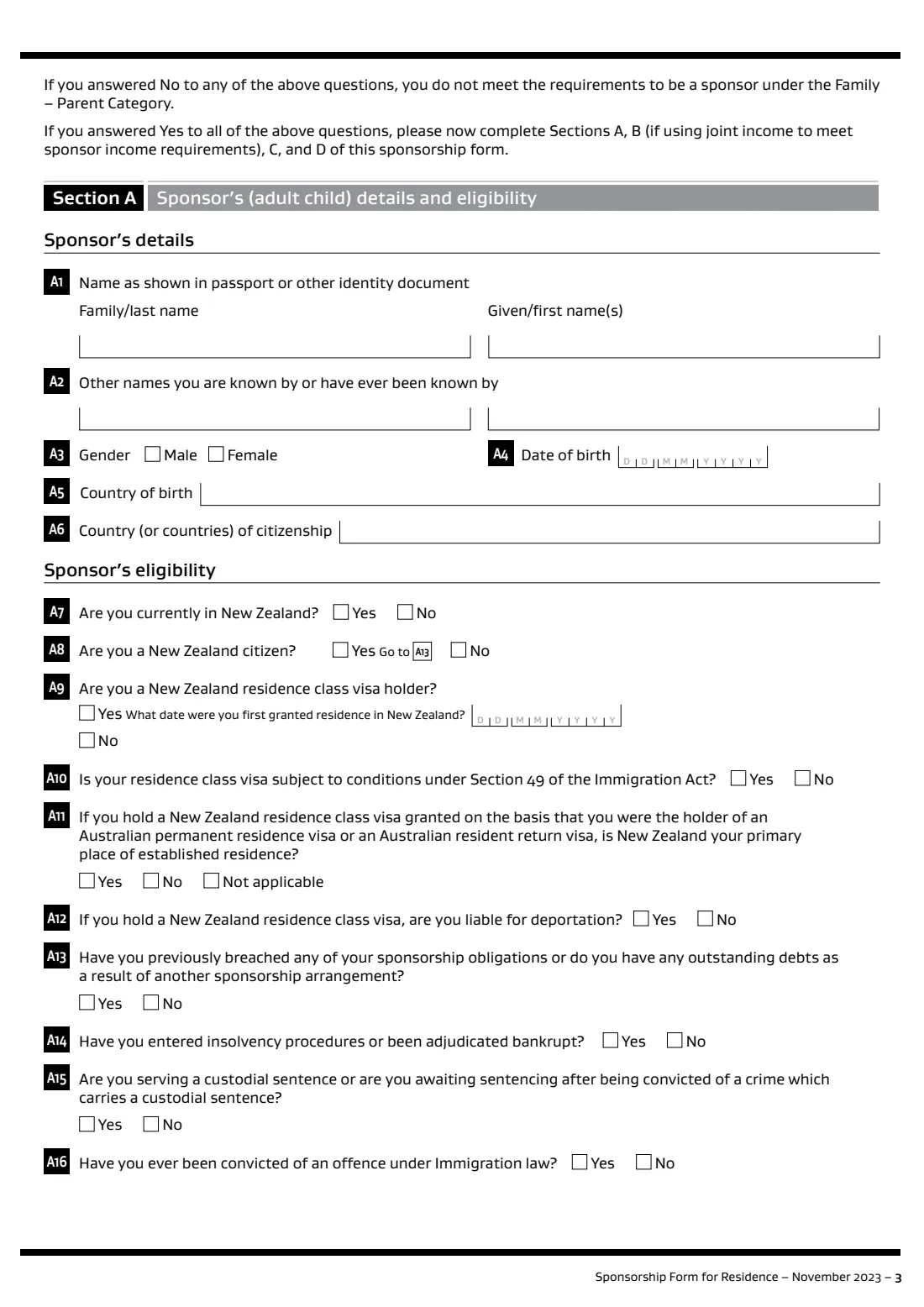 INZ 1024 parent category sponsorship (2023) Sponsorship Form for Residence (INZ 1024) — page 3 of 12