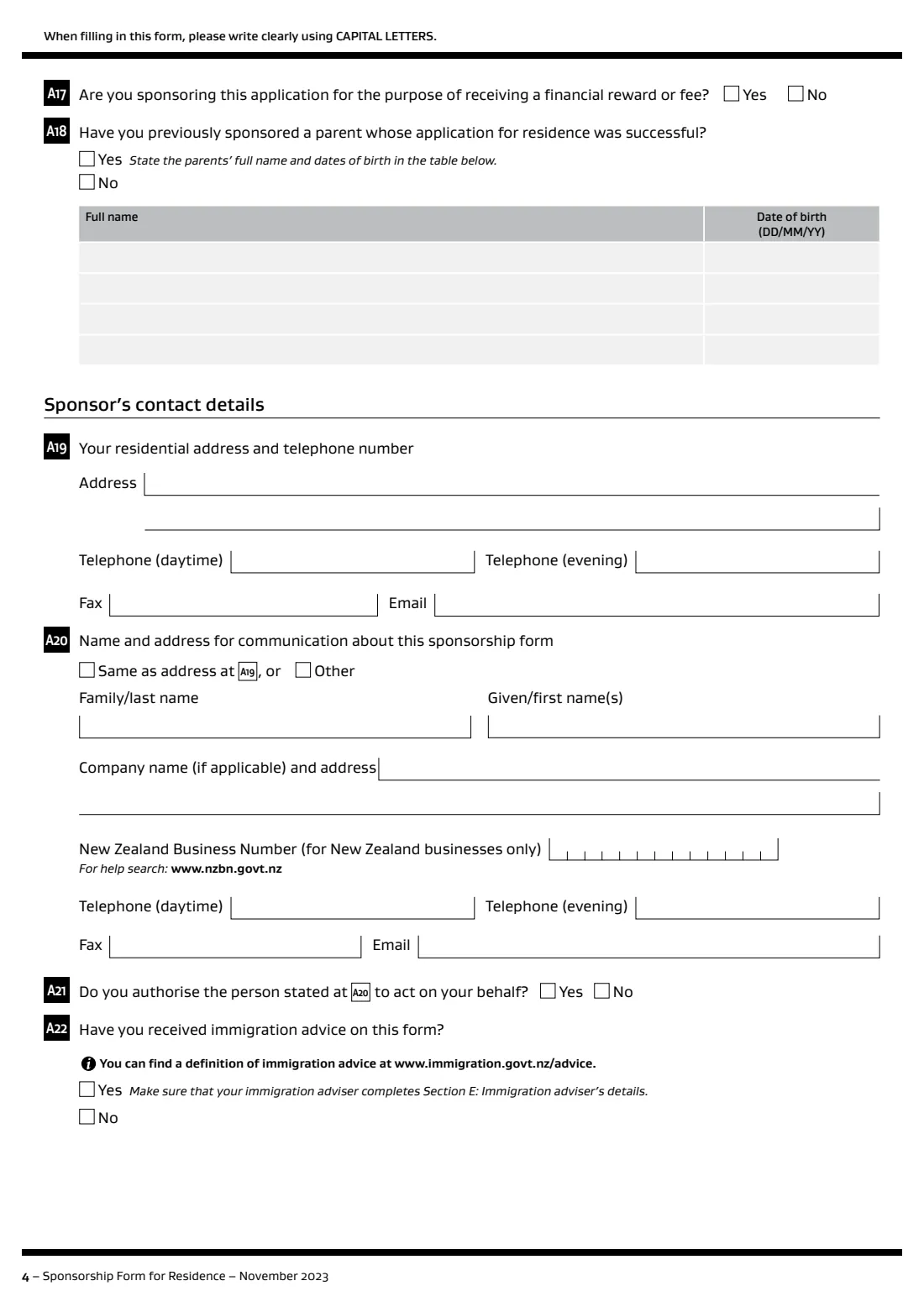 INZ 1024 parent category sponsorship (2023) Sponsorship Form for Residence (INZ 1024) — page 4 of 12