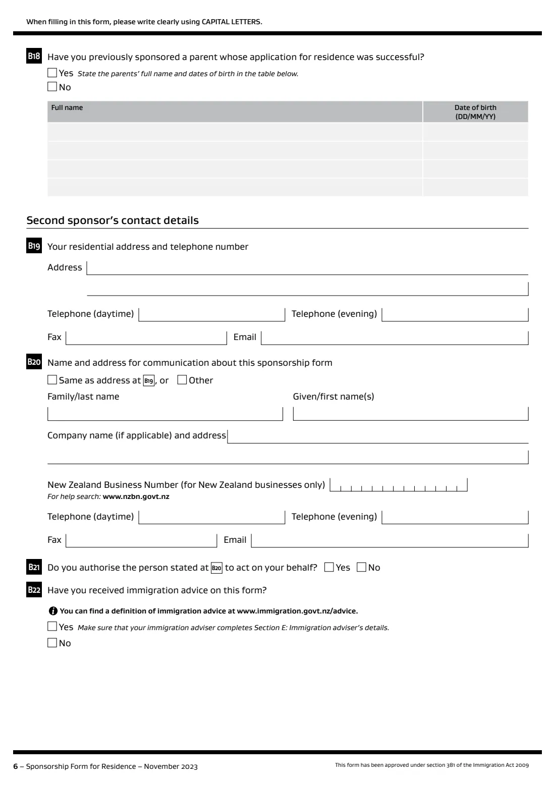 INZ 1024 parent category sponsorship (2023) Sponsorship Form for Residence (INZ 1024) — page 6 of 12