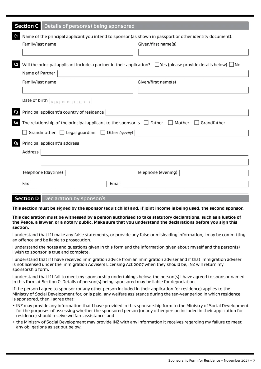 INZ 1024 parent category sponsorship (2023) Sponsorship Form for Residence (INZ 1024) — page 7 of 12