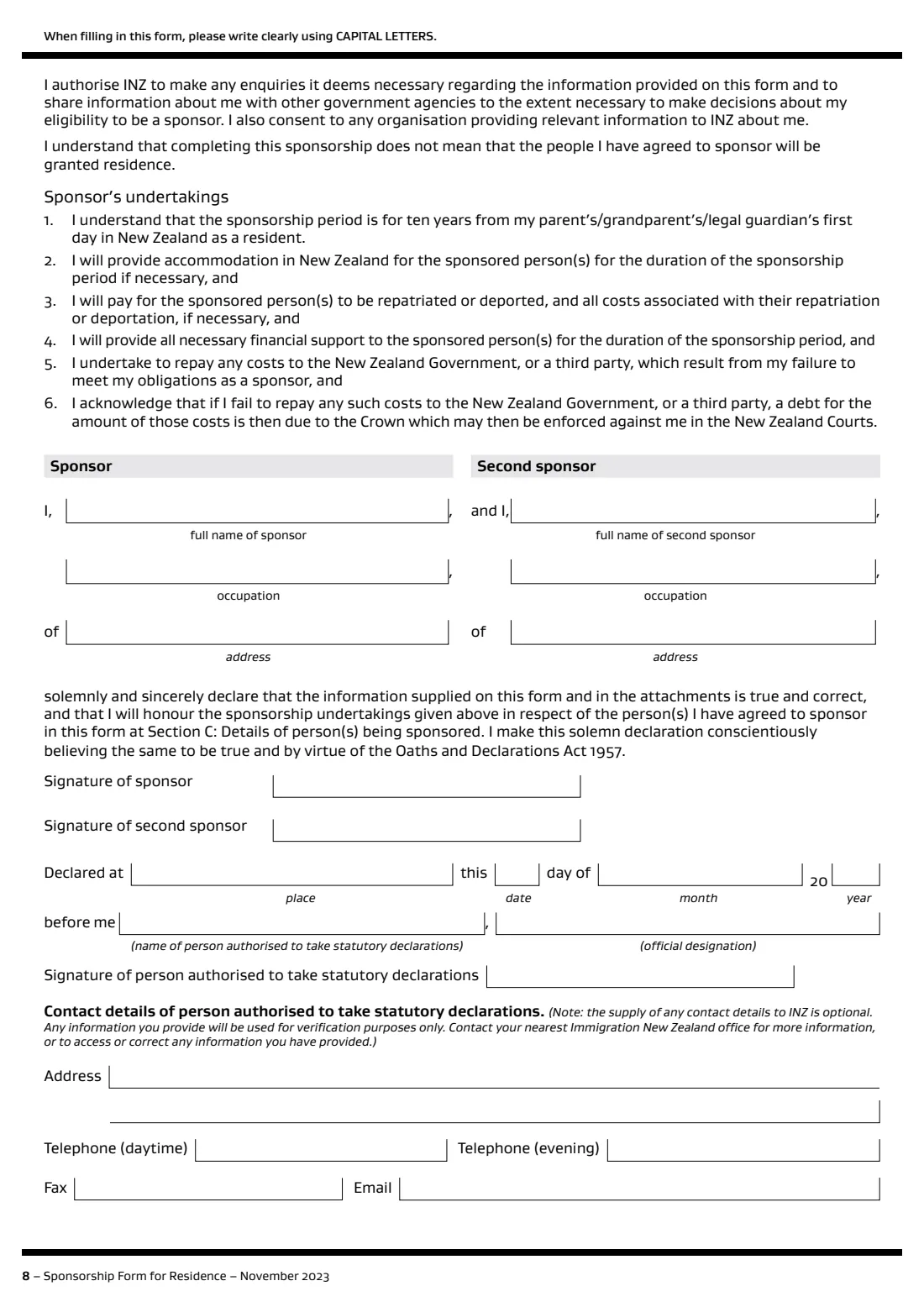 INZ 1024 parent category sponsorship (2023) Sponsorship Form for Residence (INZ 1024) — page 8 of 12