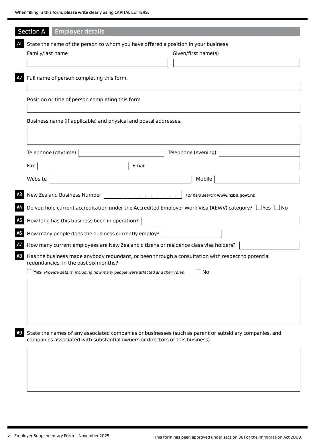 INZ 1113 employer supplementary form (2025) Employer Supplementary Form (INZ 1113) — page 2 of 6