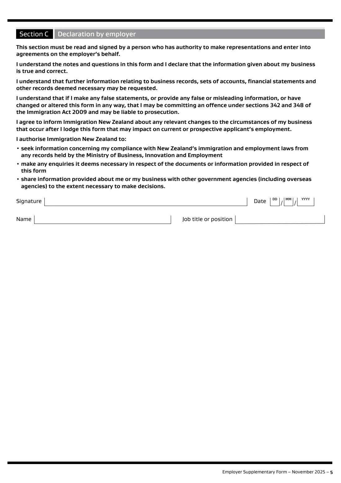 INZ 1113 employer supplementary form (2025) Employer Supplementary Form (INZ 1113) — page 5 of 6