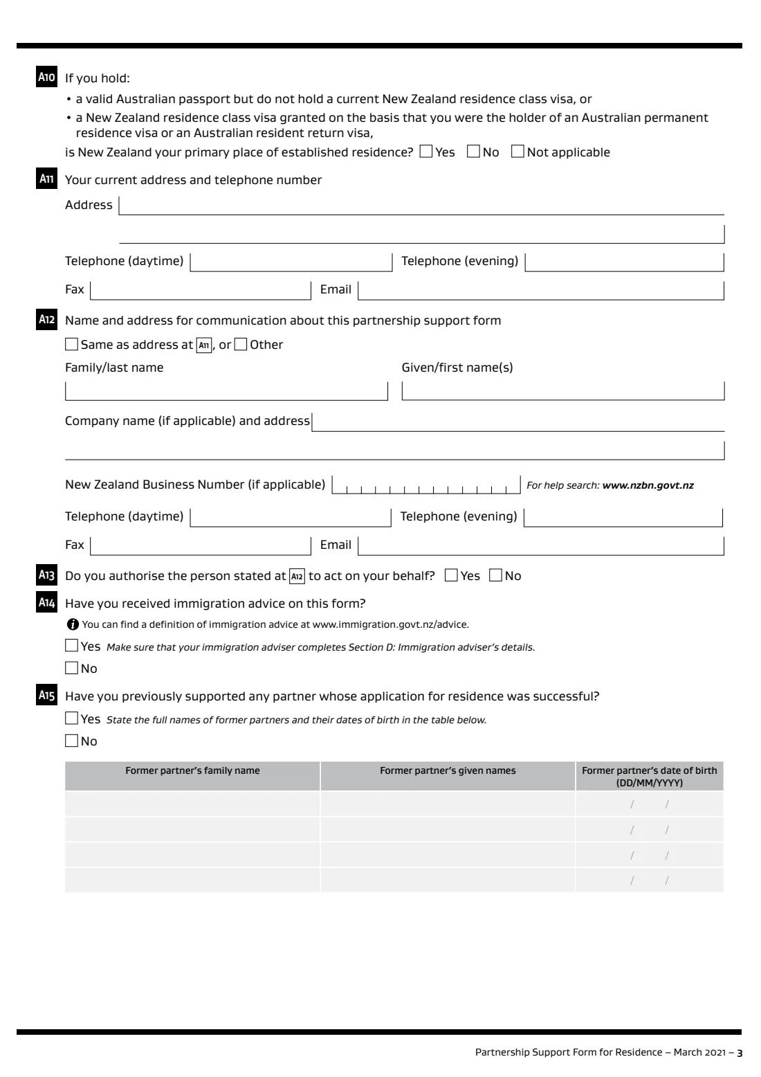 INZ 1178 partnership support for residence (2021) Partnership Support Form for Residence (INZ 1178) — page 3 of 8